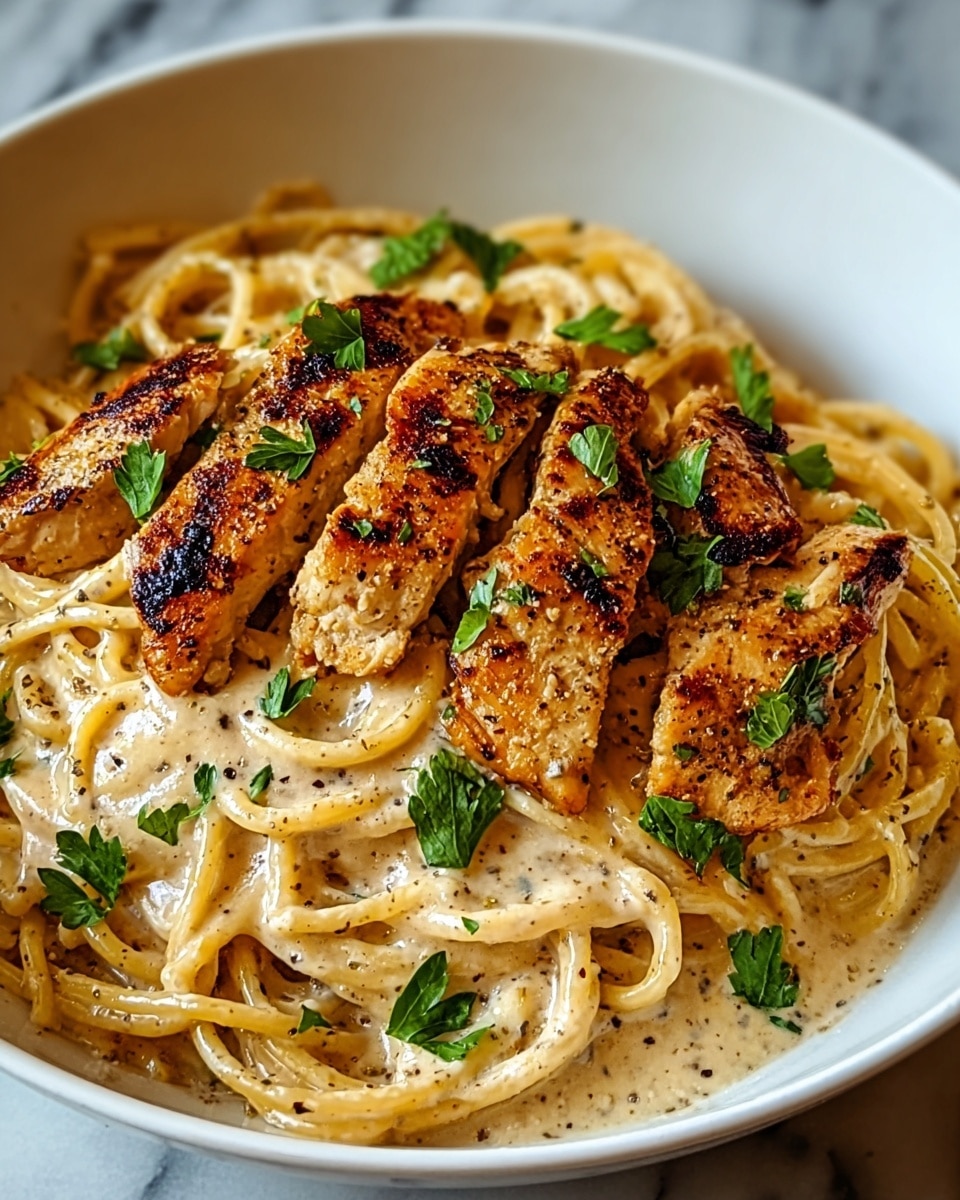 A white bowl holds a serving of creamy spaghetti pasta as the base layer, coated in a light beige sauce with visible black pepper specks. On top, there are several pieces of grilled chicken breast with golden-brown char marks and a slightly rough texture, arranged evenly. The dish is finished with small, fresh green parsley leaves scattered over the chicken and pasta, adding a touch of color contrast. The whole scene rests on a white marbled surface. photo taken with an iphone --ar 4:5 --v 7