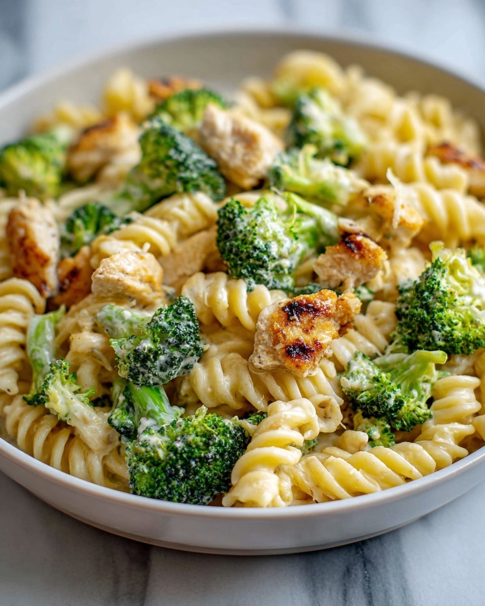 The image shows a close-up of a white plate filled with a creamy pasta dish. The pasta is spiral-shaped and pale yellow, mixed with bright green broccoli florets scattered evenly throughout. Small chunks of grilled chicken with a slight golden-brown char are mixed in, adding texture and color contrast on top and within the pasta and broccoli. The sauce appears to be creamy and lightly coats the pasta and vegetables, giving a smooth and rich look. The background is a white marbled surface. Photo taken with an iphone --ar 4:5 --v 7