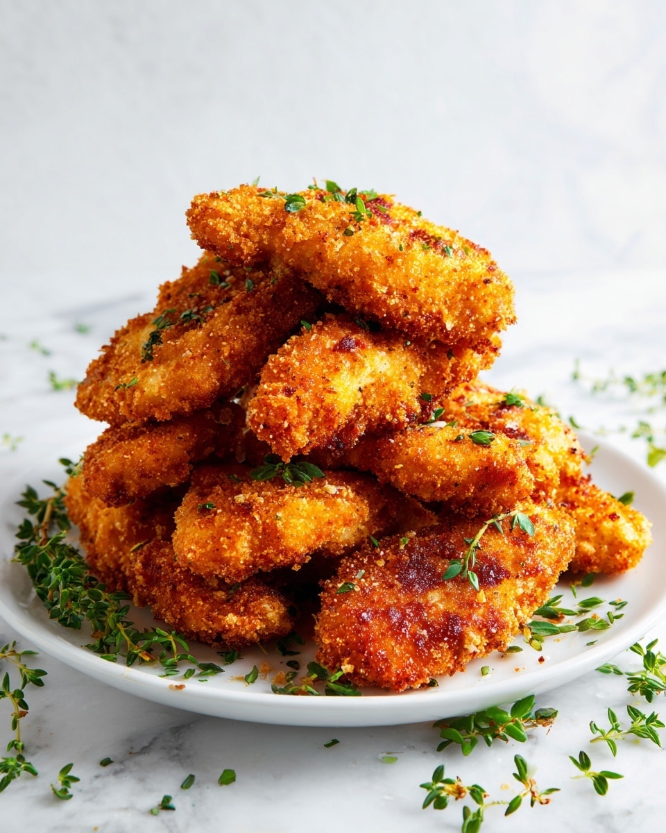 A white plate holds a stack of eight crispy golden-brown chicken tenders, each coated in a crunchy breading with a slightly rough texture and small, darker fried spots. The tenders are arranged in a loose pile, with a few tenders overlapping others. Small green herb pieces are sprinkled over the chicken and plate, adding a fresh contrast to the warm tones of the breading. The plate rests on a white marbled surface with scattered green herbs around it, giving a fresh and clean look. photo taken with an iphone --ar 4:5 --v 7