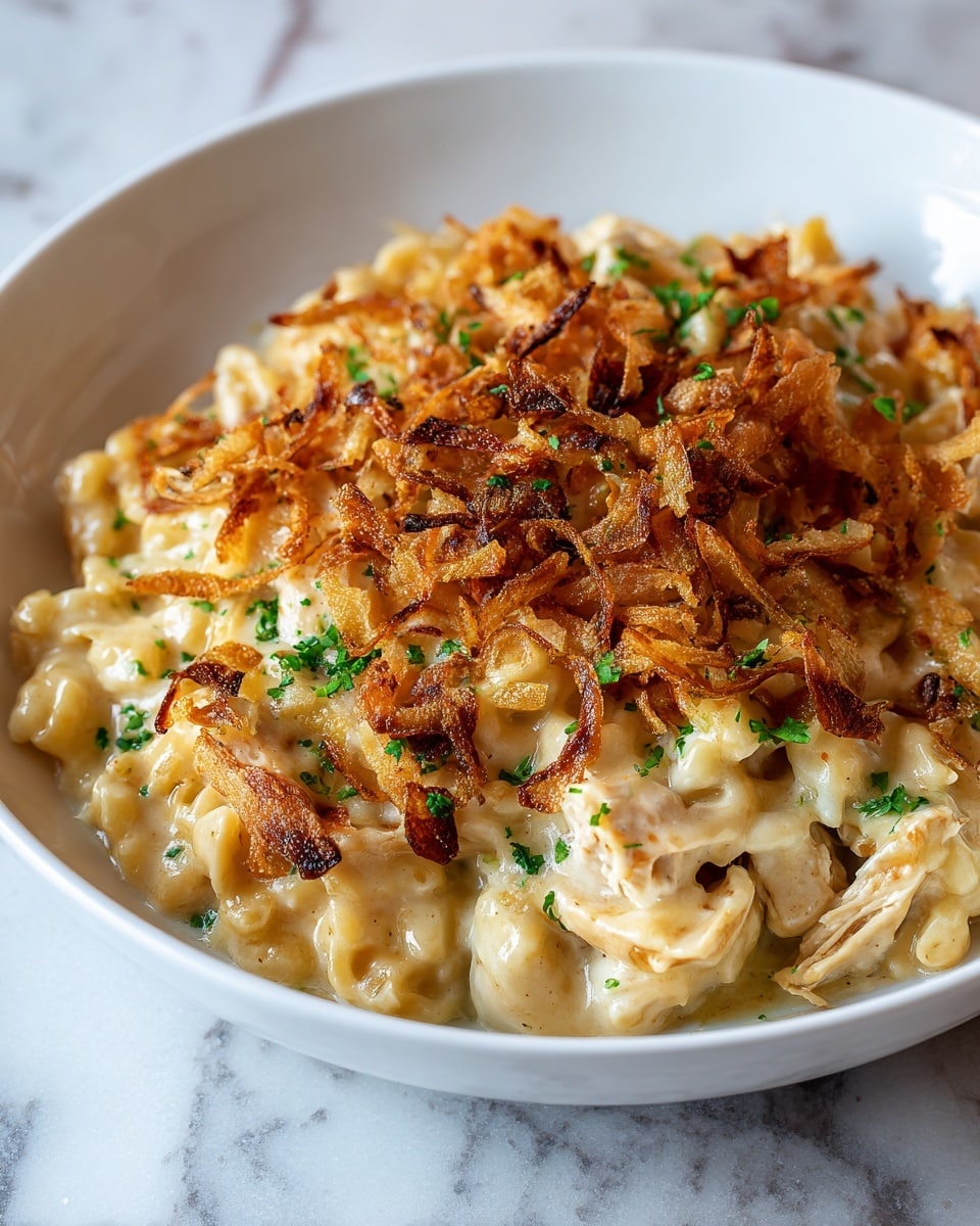 A white shallow bowl holds a creamy pasta dish with a base layer of soft, short pasta coated in a light beige, creamy cheese sauce with visible chicken pieces mixed in. On top, there is a generous layer of crispy, golden-brown fried onions with some darker, almost caramelized spots scattered across the surface. The dish is garnished with small bits of fresh green herbs, adding a pop of color to the creamy and golden tones. The bowl rests on a white marbled surface, and the shot is close-up, showing the texture and shine of the cheese sauce and crispy onions clearly. Photo taken with an iphone --ar 4:5 --v 7
