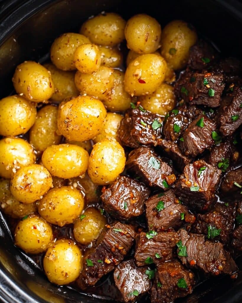 Slow Cooker Garlic Butter Beef Bites with Potatoes Recipe