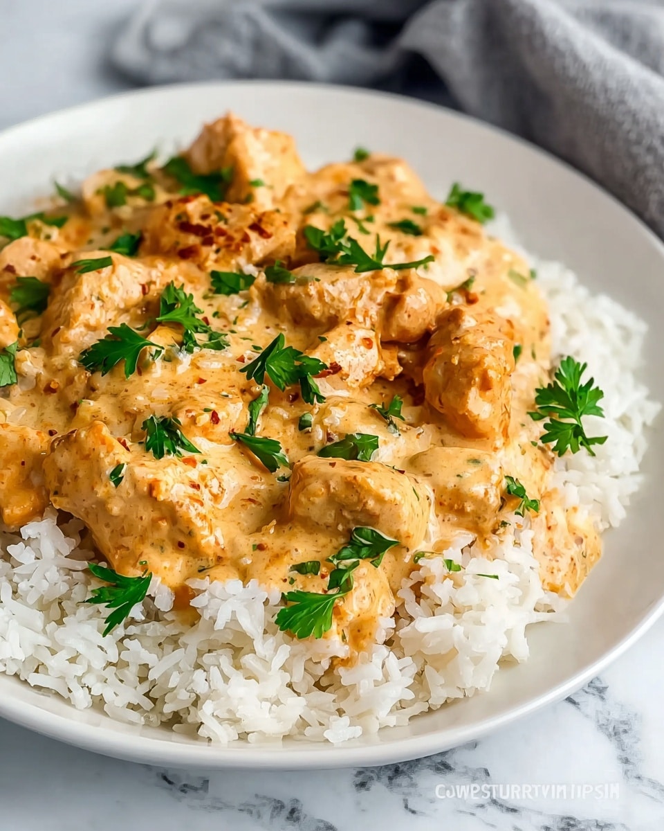 A white plate holds a layer of fluffy, white cooked rice as the base. On top of the rice, there is a thick, creamy sauce with a light orange color, coating chunks of browned, seared chicken pieces. The sauce has a smooth texture with some small specks of seasoning visible. Bright green parsley leaves are scattered over the sauce, adding fresh contrast. The plate sits on a white marbled surface with a soft gray cloth in the background. photo taken with an iphone --ar 4:5 --v 7