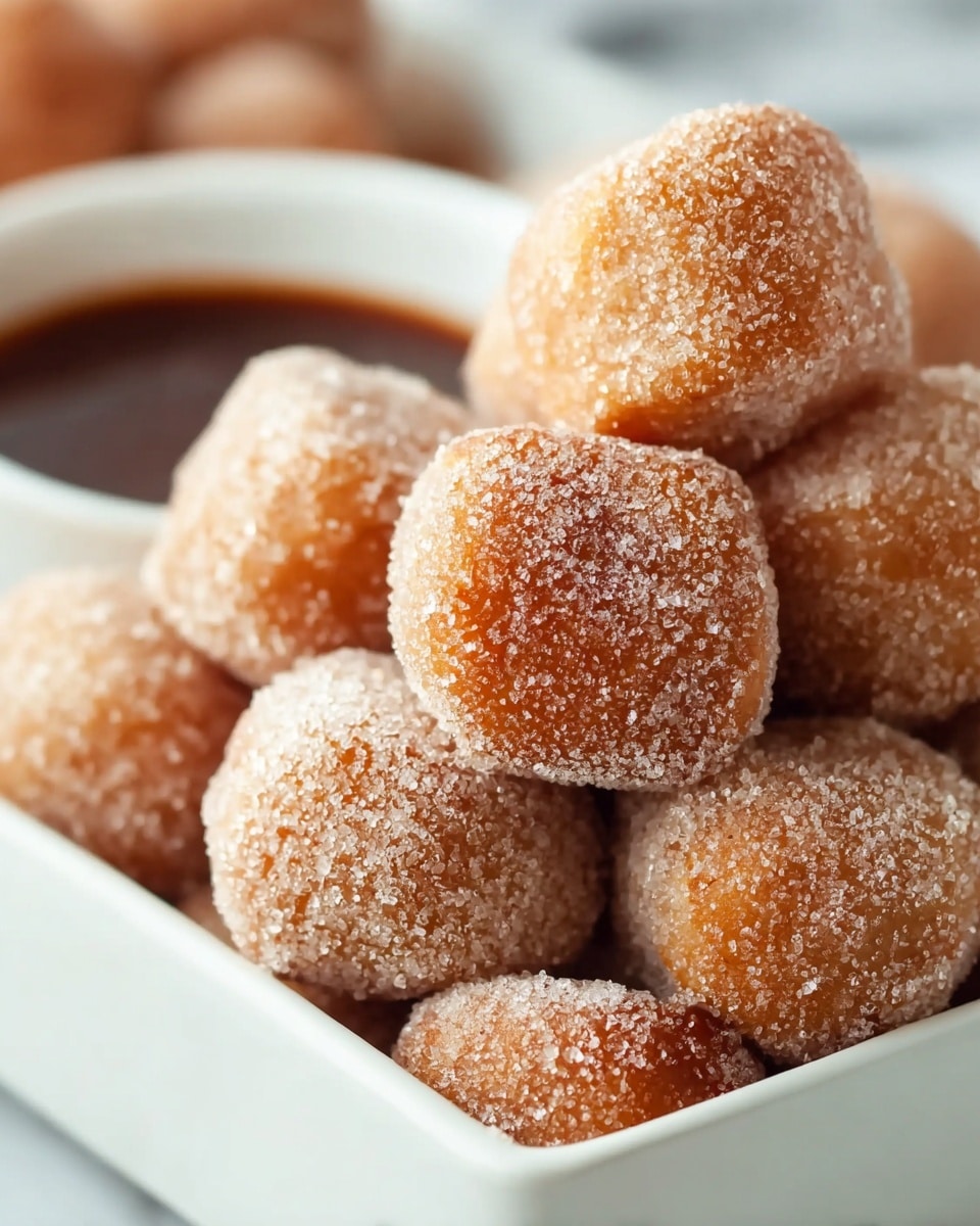 The image shows a close-up of a pile of small, golden-brown doughnut holes covered in a fine layer of sugar crystals, giving them a sparkling, grainy texture. They are stacked in a white rectangular dish, filling it almost to the top. In the background, blurred, there is a small white bowl filled with dark brown dipping sauce that contrasts with the light-colored doughnuts. The surface below the dish has a white marbled texture, adding a clean and elegant feel to the setting. photo taken with an iphone --ar 4:5 --v 7