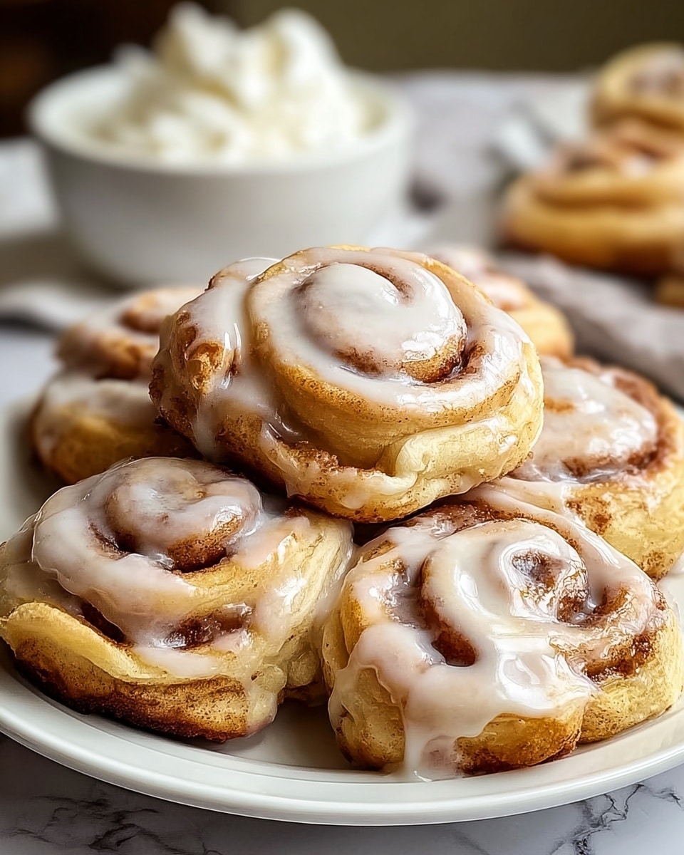 A white plate holds a stack of six cinnamon rolls, with the top roll facing front and showing three spiral layers of soft, golden-brown dough swirled with darker cinnamon filling. A thick drizzle of white icing covers the spirals unevenly, giving a shiny, creamy texture. The plate sits on a white marbled surface, and a blurred bowl with whipped topping appears in the background. photo taken with an iphone --ar 4:5 --v 7