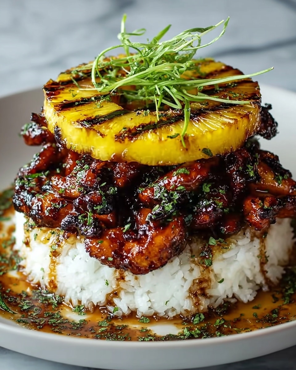 The dish shows a three-layer stack on a white plate, set on a white marbled surface. The bottom layer is a thick bed of white rice with some brown sauce drizzled lightly over it. The middle layer is a generous amount of grilled, dark brown glazed chicken pieces, coated with green herbs and a shiny sauce. The top layer features a bright yellow, grilled pineapple ring with char marks, garnished with thin green sprigs on top. The overall look is rich with glossy textures and a mix of warm colors. photo taken with an iphone --ar 4:5 --v 7