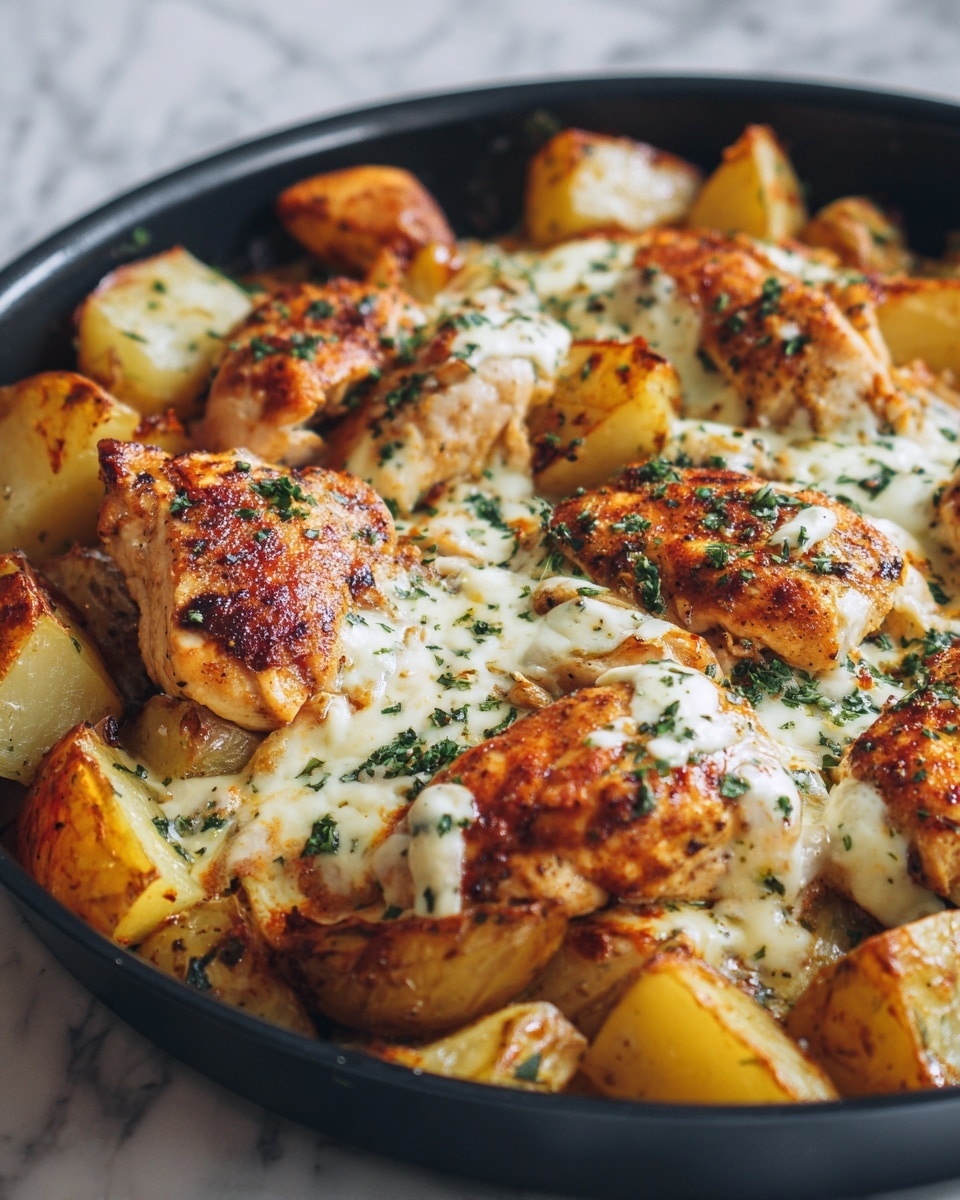 This image shows a single layer of golden brown roasted baby potato halves and chunks scattered around the edges and bottom of a black pan. On top and towards the center, there is a single layer of grilled chicken pieces with a crispy and slightly charred texture, coated lightly with a creamy white sauce and sprinkled with small green herb bits. The dish sits on a white marbled surface. photo taken with an iphone --ar 4:5 --v 7