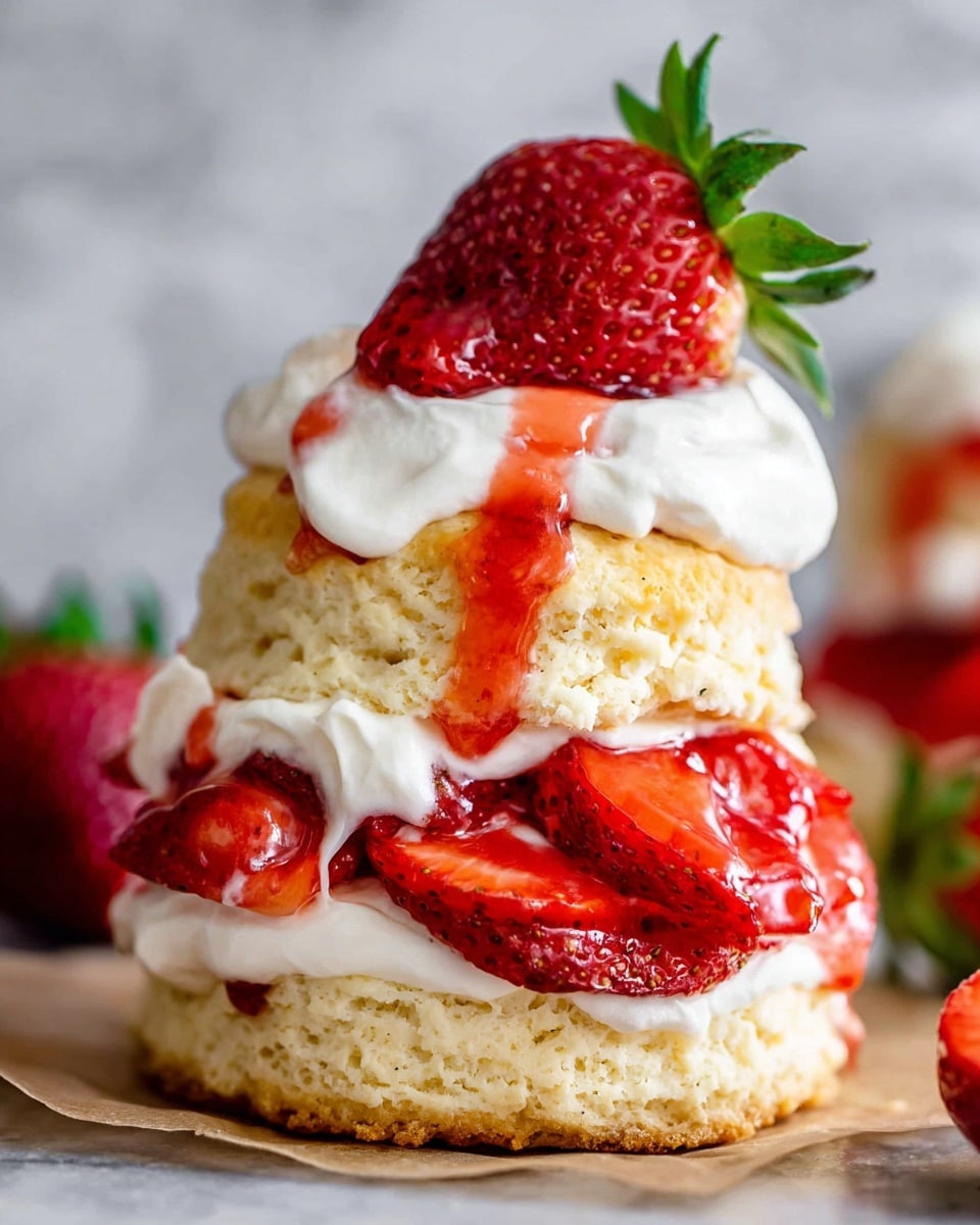 The image shows a shortcake dessert with three clear layers. The bottom layer is a thick, light golden biscuit with a crumbly texture. Above it is a thick layer of white whipped cream that looks soft and smooth. On top of the cream, there is a layer of bright red strawberry slices that are glossy and juicy, with some red syrup dripping down the sides. Another biscuit layer, similar to the bottom one in color and texture, sits above the strawberries. This is topped again with whipped cream and fresh, sliced strawberries, including one whole strawberry as a garnish on the very top. The dessert sits on a light brown parchment paper, with a white marbled texture visible in the blurry background. photo taken with an iphone --ar 4:5 --v 7