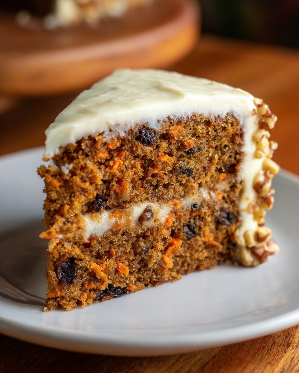 A slice of carrot cake on a white plate shows one thick layer of moist, brown cake filled with visible small orange carrot pieces and dark spots, likely nuts or raisins. The top is covered with a thick layer of smooth white cream cheese frosting that drapes slightly over the sides. The side view highlights the soft texture of the cake and the creamy frosting on top, with some small nut pieces visible peeking out on the right side near the frosting edge. The background is softly blurred with warm wooden tones. photo taken with an iphone --ar 4:5 --v 7