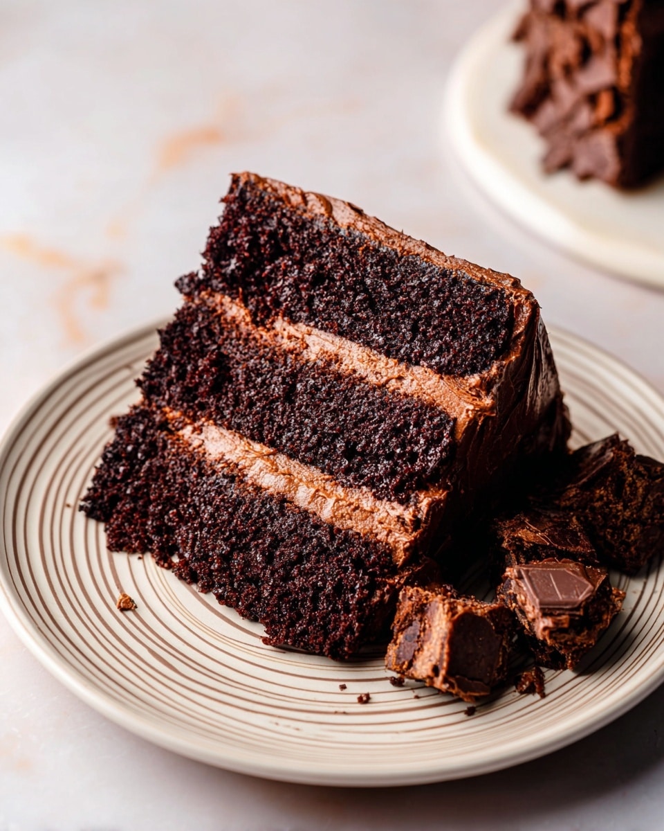 A slice of three-layer chocolate cake placed on a white plate with thin brown stripes. The cake layers are dark brown, moist and dense, separated by two layers of lighter brown chocolate frosting that looks creamy. There are small chunks of chocolate visible inside the cake layers. Around the plate, scattered pieces of chocolate brownies add more texture. The whole setup is on a white marbled surface. photo taken with an iphone --ar 4:5 --v 7