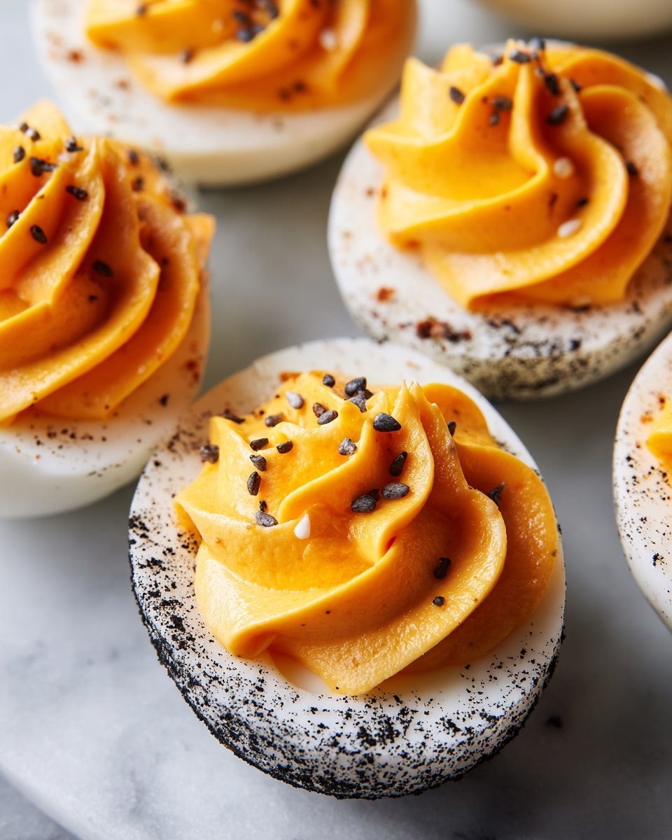 Four deviled egg halves are arranged closely on a white marbled surface, each containing a smooth, creamy, bright orange filling piped in a swirled pattern in the center. The egg white halves feature a unique black marbled pattern near the edges, creating a striking contrast. The filling is topped with small, scattered black seeds, adding texture and detail. The focus is sharp on the front egg while the others softly blur into the background, highlighting the vibrant orange color and glossy texture of the filling. photo taken with an iphone --ar 4:5 --v 7