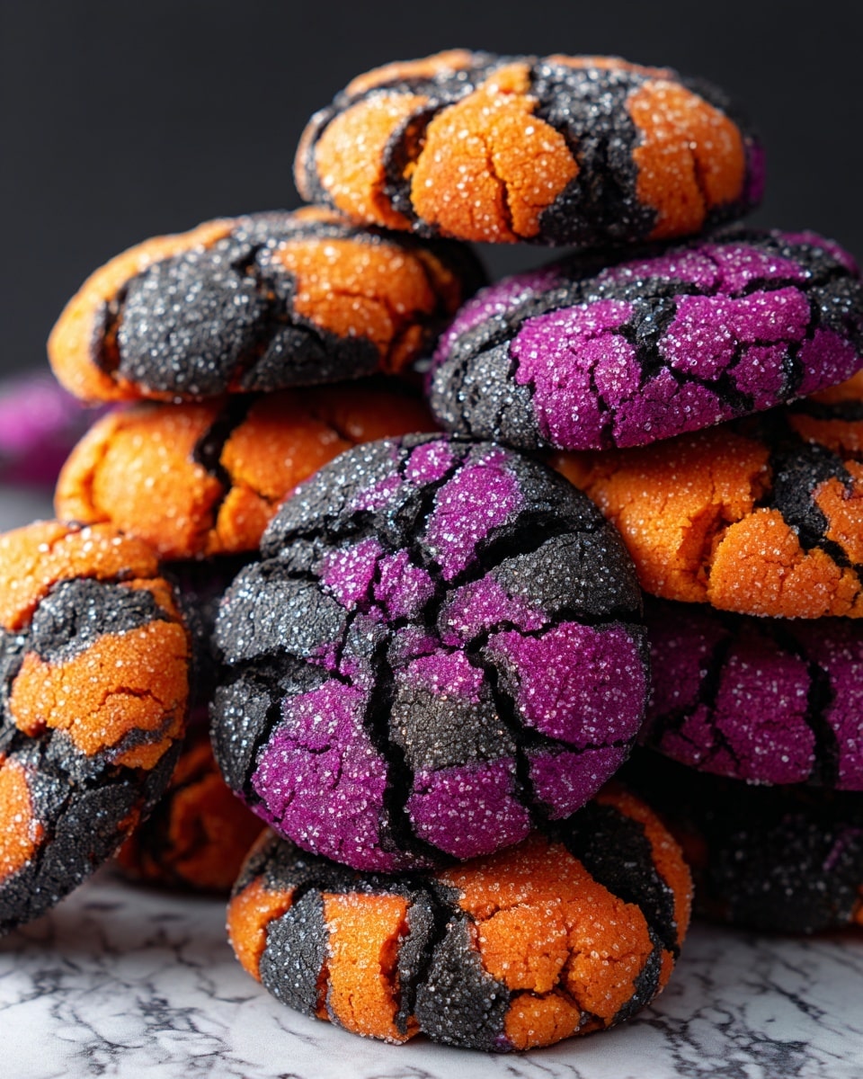 A close-up view of a stack of colorful crinkle cookies with three main colors: bright orange, deep purple, and dark black. Each cookie has a cracked surface with sugar crystals sparkling on top, showing the rough texture. The layers of the stack overlap naturally, with some orange and black cracked cookies on the bottom, purple and black in the middle, and a mix of all three colors near the top. The background shows a soft, out-of-focus dark tone that contrasts with the vivid colors of the cookies. photo taken with an iphone --ar 4:5 --v 7