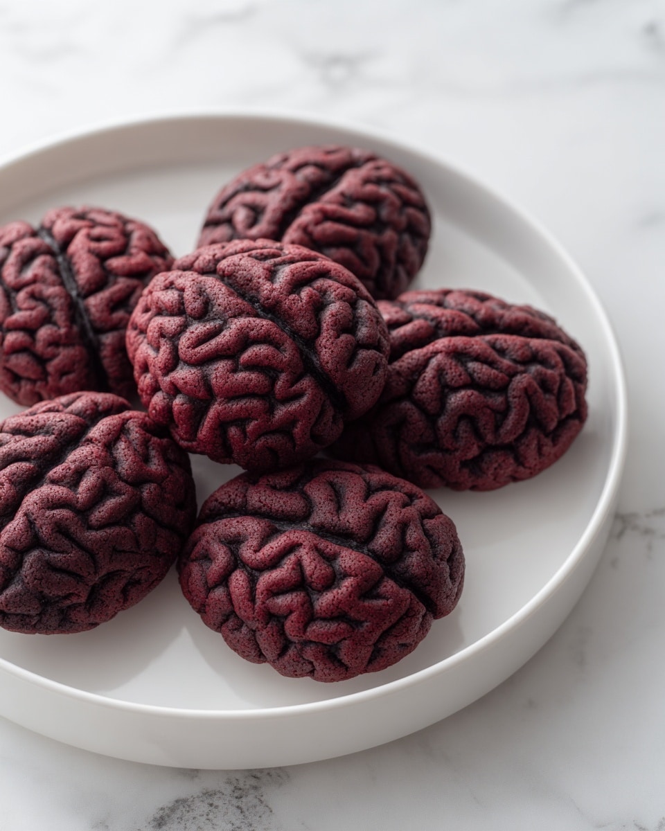 A white plate holds six brain-shaped pastries stacked gently, each one featuring a deep red color with darker red grooves that mimic the folds and wrinkles of a brain. The texture looks soft but firm, with slight cracks and highlights giving a realistic, slightly shiny finish. The plate sits on a white marbled surface, and the lighting softly highlights the raised details and shadows within the folds of the pastries, creating a three-dimensional look. photo taken with an iphone --ar 4:5 --v 7
