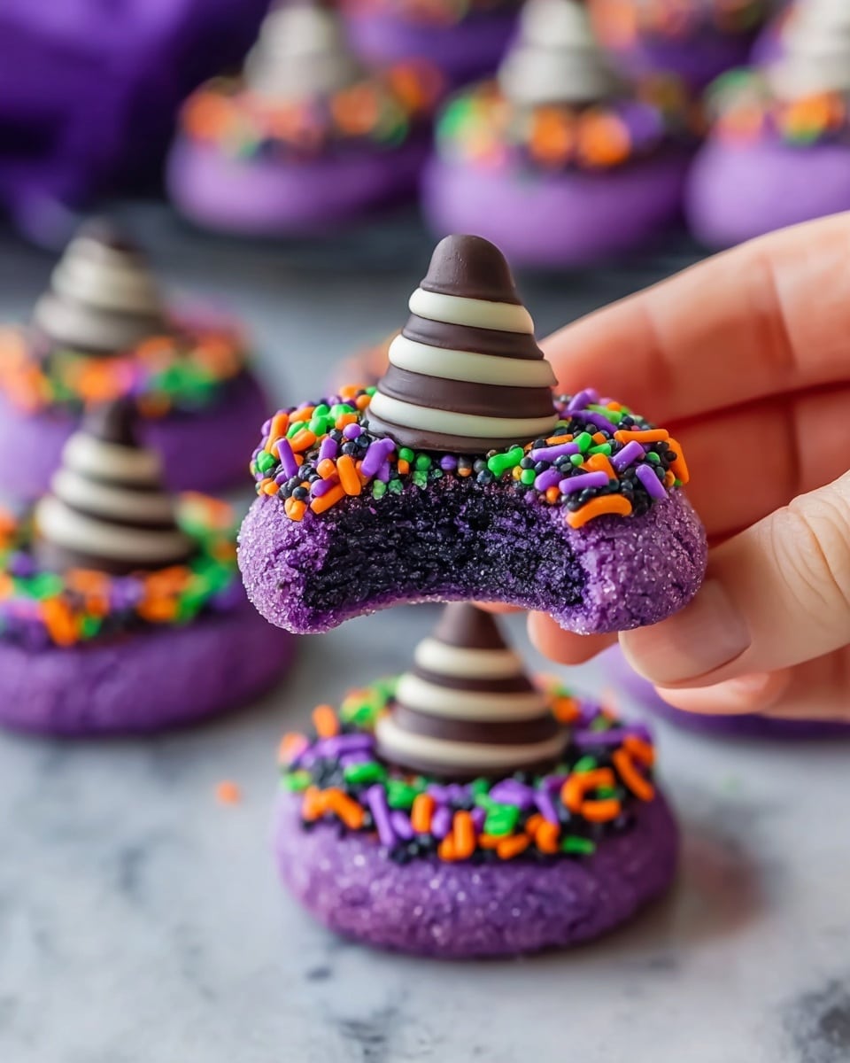 A close-up of a bite-taken purple cookie held by a woman's hand, with three layers visible: the soft, textured deep purple cookie base dusted with purple sugar crystals, a colorful ring of small orange, green, black, and purple sprinkles around the top edge, and a small cone-shaped chocolate piece with white and dark chocolate stripes sitting in the center. In the blurred background, more of the same cookies sit on a white marbled surface. Photo taken with an iphone --ar 4:5 --v 7