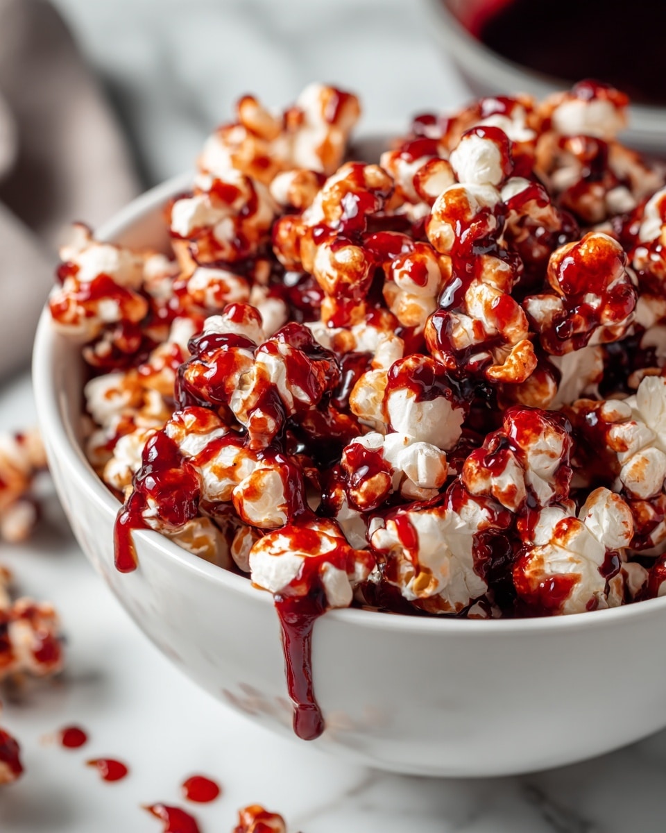 A white bowl filled with popcorn, each piece covered with a shiny, thick red syrup that looks sticky and glossy. The popcorn is in one thick layer, overflowing slightly from the bowl. The red syrup drips down the sides of the popcorn and creates small puddles around the bowl on a white marbled surface. In the background, there are blurred shapes that add depth but keep the focus on the popcorn. The lighting highlights the shine of the syrup, making it look fresh and sweet. photo taken with an iphone --ar 4:5 --v 7