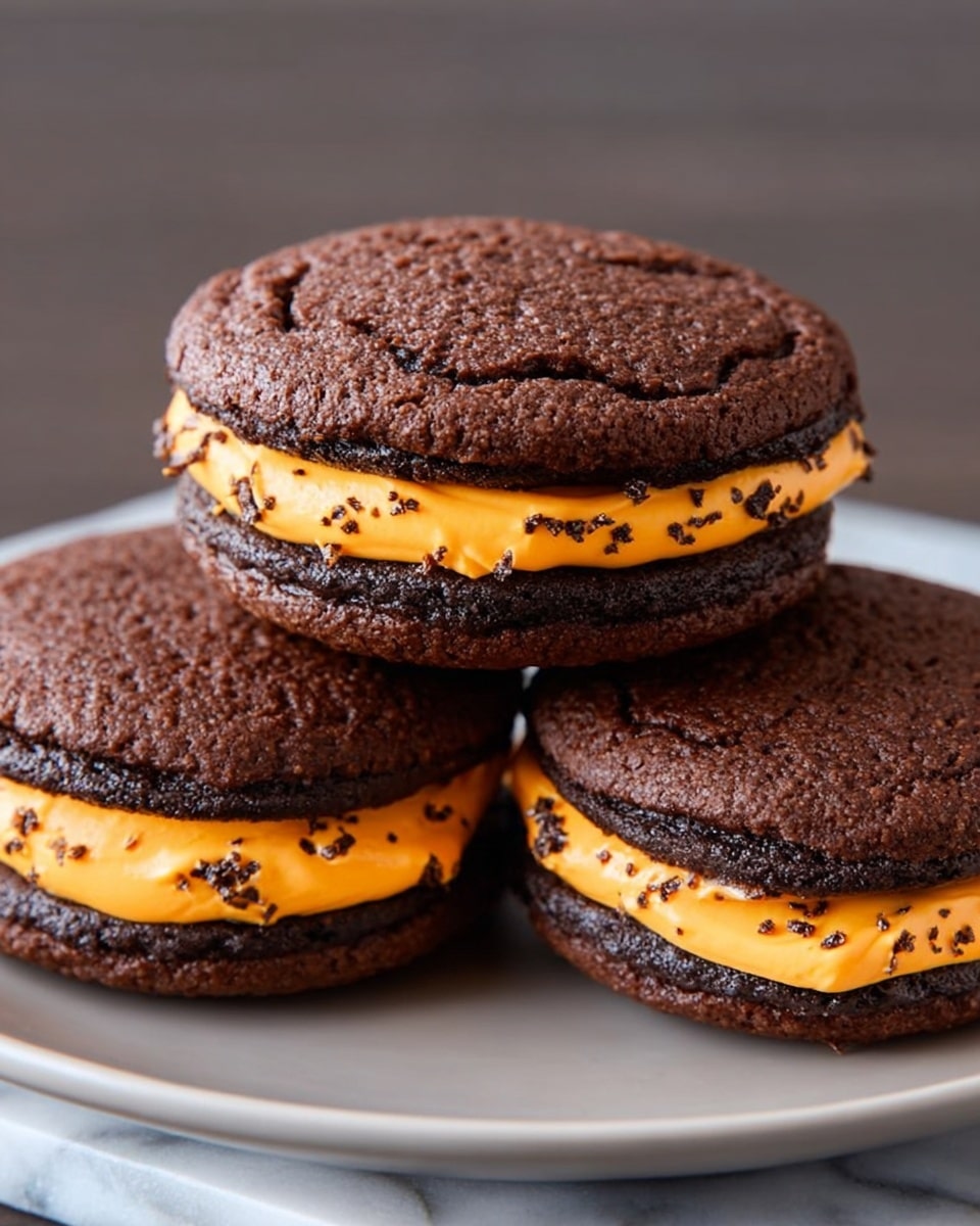 A stack of three thick, dark brown chocolate cookie sandwiches is shown, each consisting of two soft, slightly cracked cookies with a thick layer of bright orange frosting in between. The frosting is smooth and creamy, piped evenly in a swirl that peeks out from the edges. Small bits of black sprinkle-like decoration are scattered on the frosting layers. The cookies are placed on a dark surface with a blurred white marbled background. photo taken with an iphone --ar 4:5 --v 7