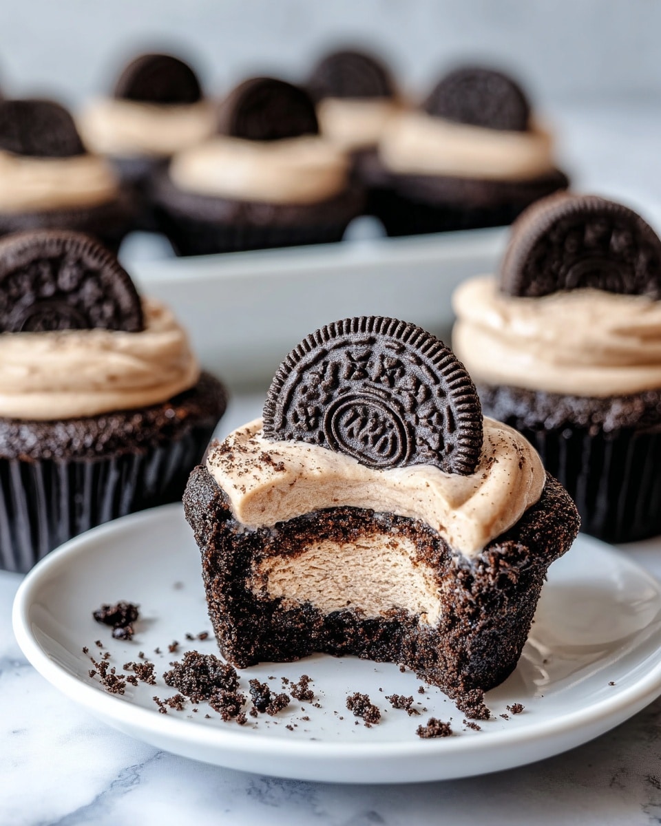 Three chocolate cupcakes sit on a white plate on a white marbled surface. Each cupcake has a dark, crumbly chocolate outer layer, filled with a smooth, creamy light brown filling. On top of each cupcake is a whole dark chocolate sandwich cookie. One cupcake in the front is bitten into, showing the thick creamy filling inside with cookie crumbs around it. Some crumbs are also scattered on the plate. In the background, more cupcakes are on a white tray, slightly out of focus. Photo taken with an iphone --ar 4:5 --v 7