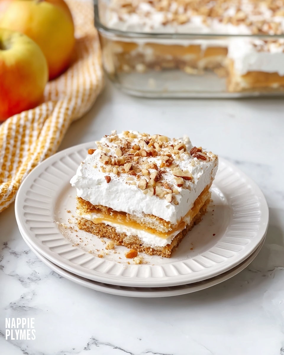 A square piece of layered dessert is served on a white plate with a subtle scalloped edge, placed on a white marbled surface. The dessert has three visible layers: a light brown crumbly base, a middle light creamy layer, and a thick top layer of fluffy white whipped cream sprinkled with chopped nuts in light and medium brown tones. In the background, there is a clear rectangular glass dish with more of the same dessert, showing the same three layers and nut topping. To the left, an apple and a yellow and white striped textured cloth add a cozy touch. photo taken with an iphone --ar 4:5 --v 7