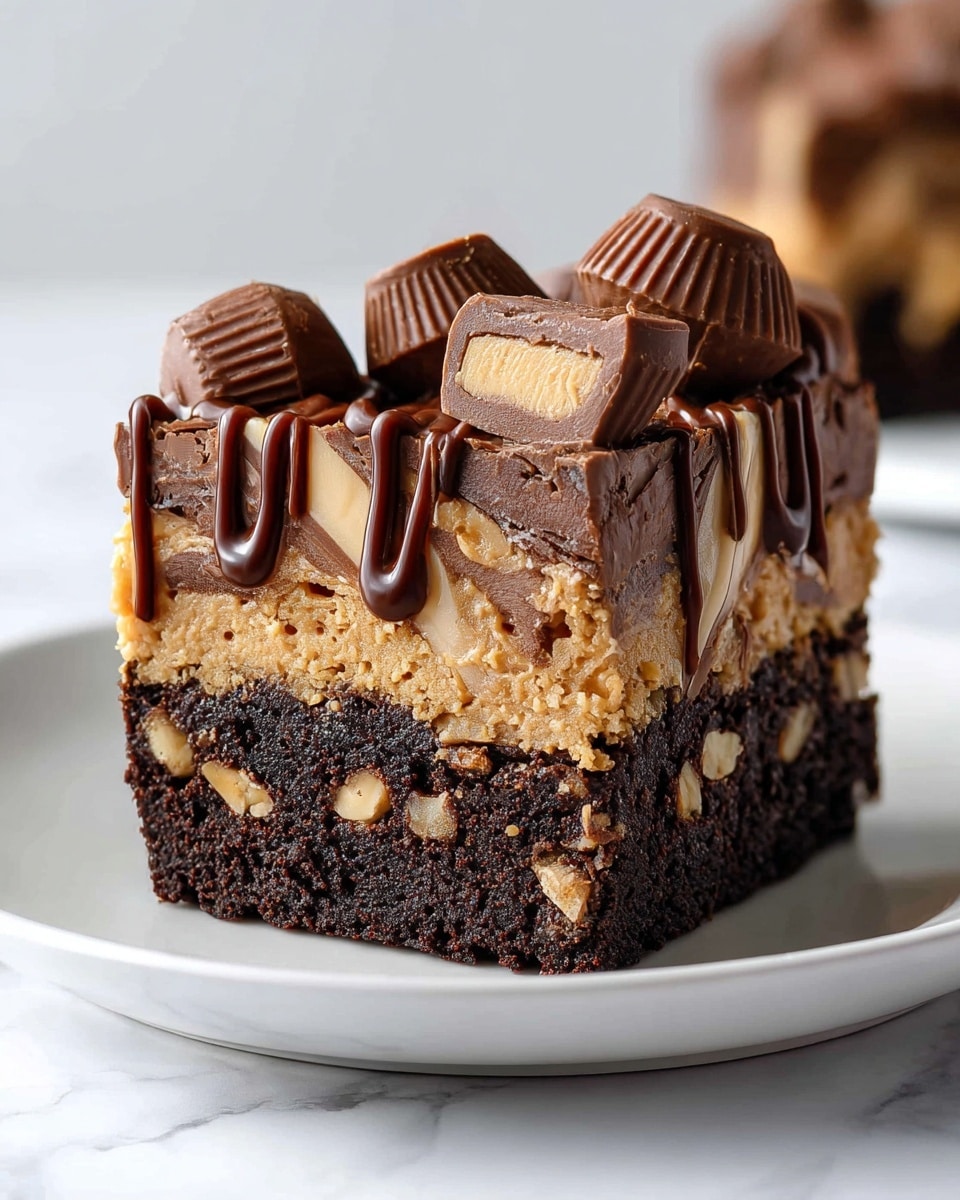A thick slice of dessert with three layers sits on a white plate against a white marbled background. The bottom layer is dark brown and dense with visible nut pieces, looking like a rich brownie. Above this is a sandy peanut butter layer with a rough texture. The top layer is a mix of dark chocolate and peanut butter swirled together, creating a soft, marbled effect. Thin rivers of glossy melted chocolate drizzle over the top. On the surface, there are three miniature peanut butter cups—one whole and two cut in half—showing their smooth peanut butter center inside a milk chocolate shell. Photo taken with an iphone --ar 4:5 --v 7