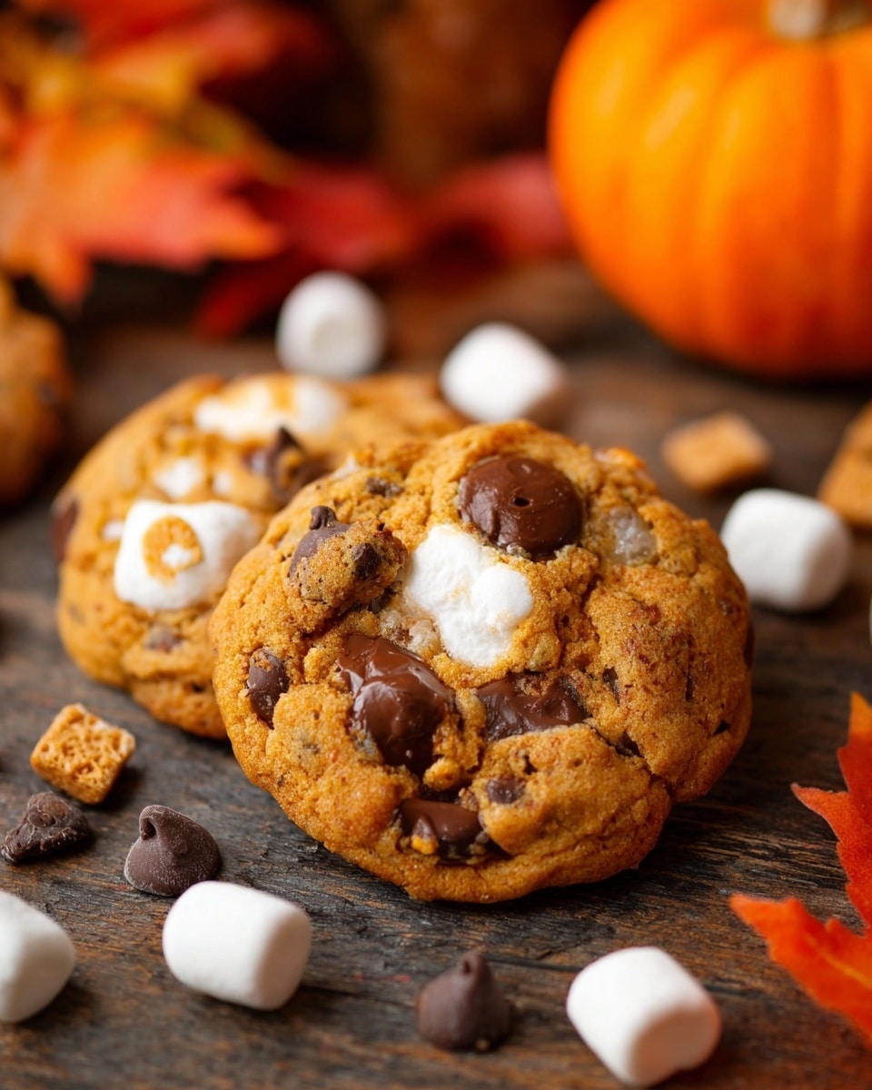 The image shows two golden-brown cookies with a rough, bumpy texture, each containing dark brown chocolate chips embedded on the surface. One cookie has melted white marshmallow patches visible on top, while the other is topped with small white marshmallows and broken tan graham cracker pieces. The cookies rest on a dark brown wooden surface scattered with whole and broken mini marshmallows and chocolate chips. Around the cookies, there are hints of vibrant orange and red autumn leaves with a large bright orange pumpkin blurred in the background, enhancing the warm, cozy feeling of the scene. photo taken with an iphone --ar 4:5 --v 7