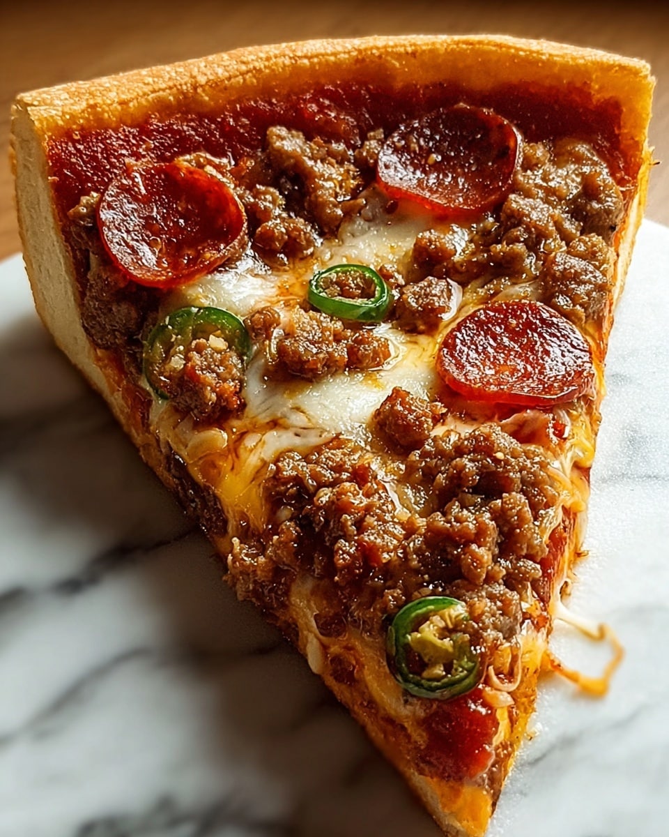 A close-up of a single pizza slice resting on a white marbled surface, showing three main layers: a thick, golden-brown crust with a slightly crispy edge forming the base; a rich red tomato sauce spread evenly just above the crust; and on top, a thick layer of melted, slightly browned cheese mixed with small, crumbly browned sausage pieces, thin round pepperoni slices with a reddish-brown color, and scattered green jalapeño slices adding texture and color contrast. The cheese looks stretchy and glossy, covering most toppings partially. Photo taken with an iphone --ar 4:5 --v 7