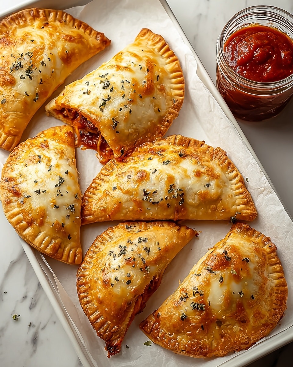 The image shows four baked triangular pastries arranged on white parchment paper on a white plate. Each pastry has a golden-brown crust with a slightly bubbled texture, and the edges are sealed with a fork-pressed pattern that looks ridged. The tops of the pastries are sprinkled with small bits of dried herbs, adding dark green specks over the light golden surface. The plate is placed on a white marbled surface, and a bowl with a red sauce is partially visible on the top right side. photo taken with an iphone --ar 4:5 --v 7