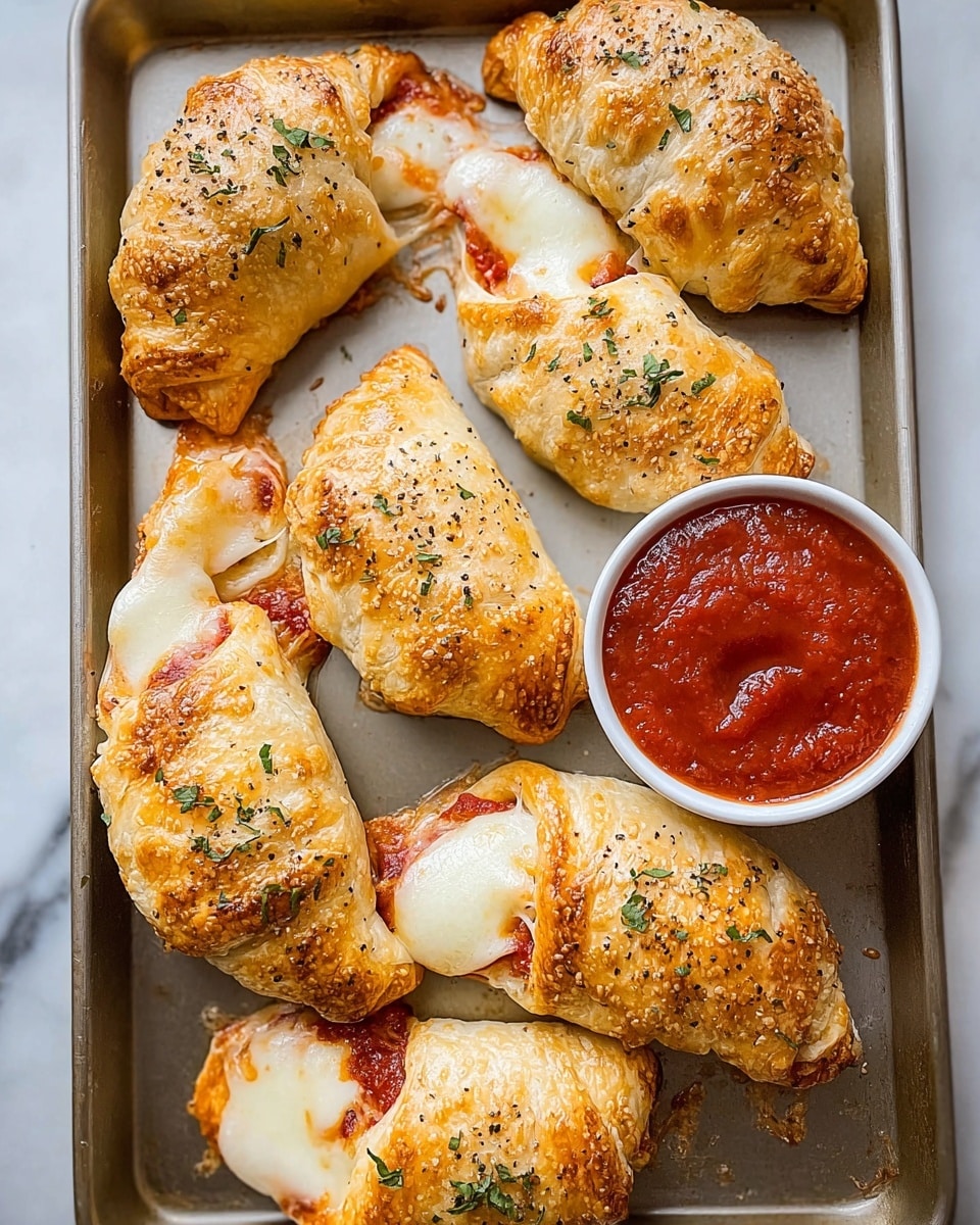 A baking tray holds eight crescent-shaped pizza pockets with golden-brown, flaky crusts sprinkled lightly with sesame seeds. Each pocket has a visible layer of melted white cheese, bursting out from under the slightly folded crust, with rich red tomato sauce peeking through in places. The pockets are garnished with small green herb flakes and specks of black pepper, adding texture to the shiny, baked surface. In the top right corner of the tray, there is a small white bowl filled with smooth red dipping sauce. The tray is set on a white marbled surface. photo taken with an iphone --ar 4:5 --v 7