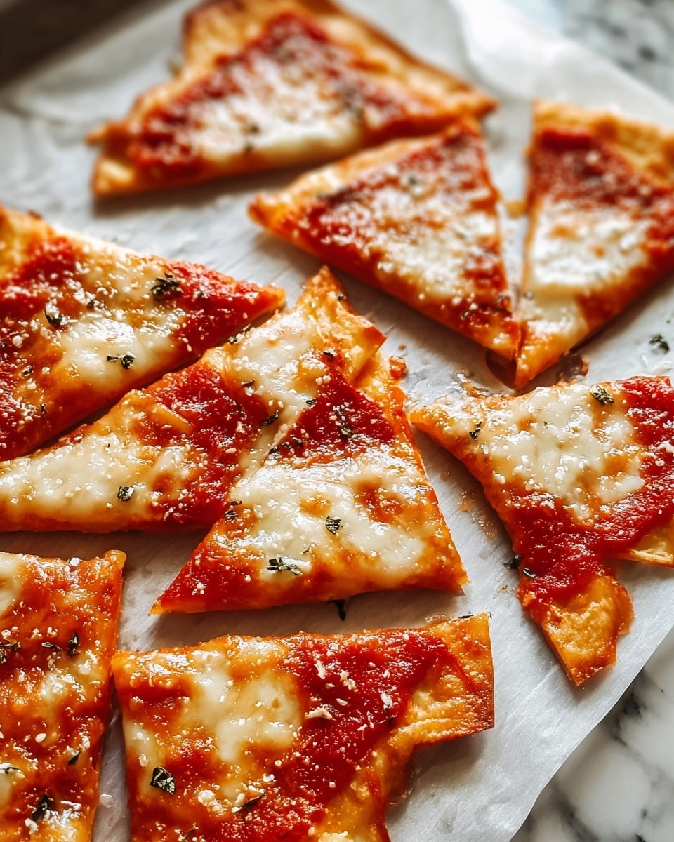 The image shows several small triangular pizza slices on a dark tray. Each slice has a thin, golden-brown crust with melted cheese on top that is slightly browned and bubbling in spots. Some slices have a few black pepper grains visible over the cheese, and a light sprinkle of coarse salt is scattered on the surface around the slices. The cheese layer is smooth and creamy with a slightly glossy texture, giving a crispy edge look to each triangle. The background is a white marbled texture. Photo taken with an iphone --ar 4:5 --v 7