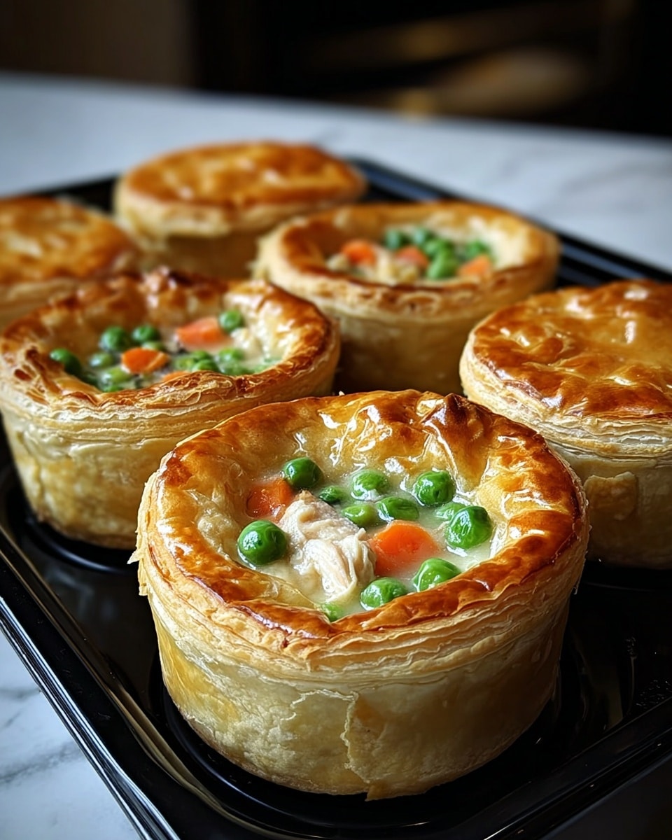 Five small round pies are shown in a black tray, each made of golden brown puff pastry with a thick, flaky crust. The top layer of each pie is puffed up and shiny, with an open center revealing the filling inside. The filling has a light creamy texture with visible pieces of bright green peas and orange carrot chunks, along with small bits of white chicken. The pies sit on a white marbled surface, and the background is softly blurred. Photo taken with an iphone --ar 4:5 --v 7