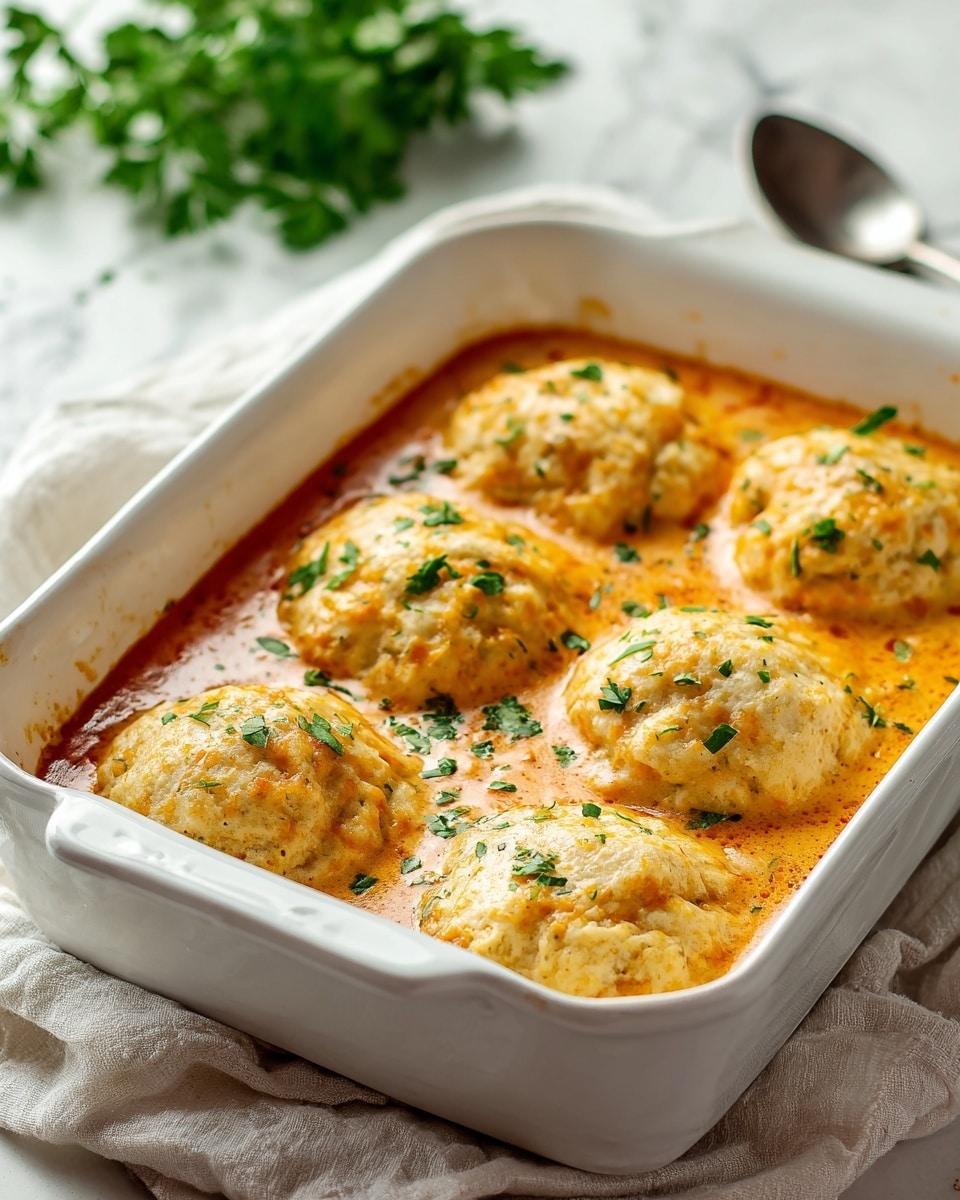 The image shows a white baking dish filled with six golden-brown biscuit tops, each round and fluffy, sitting in an orange creamy sauce with smooth texture. The biscuits have a slightly crispy crust with melted cheese on top, sprinkled with small green chopped herbs. The sauce surrounds the biscuits, with a rich, slightly thick consistency and an even color. The baking dish is placed on a light beige cloth on top of a white marbled surface, with a blurry background of green parsley and a shiny silver spoon nearby. photo taken with an iphone --ar 4:5 --v 7