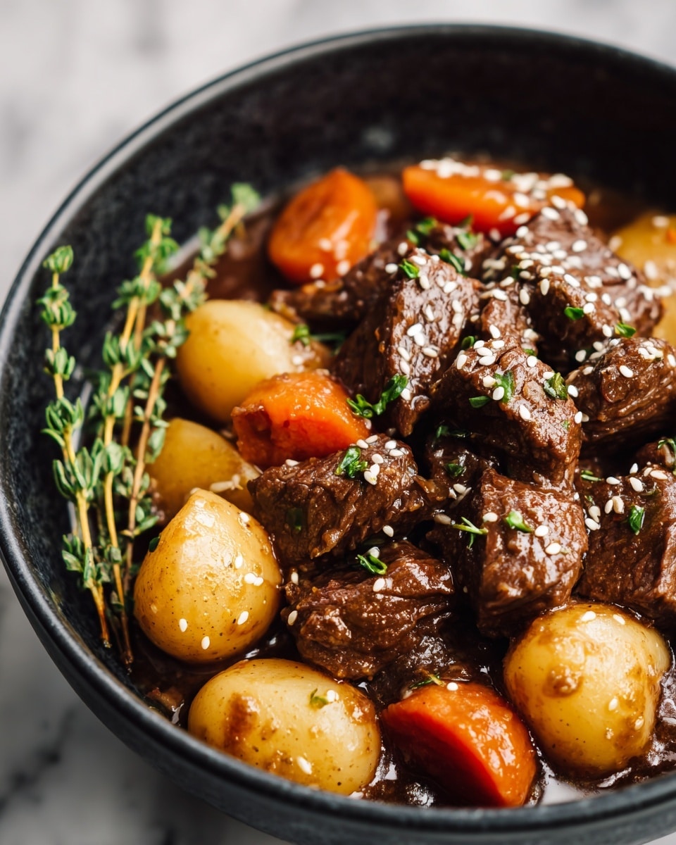 A close-up view of a black bowl filled with a layered beef stew. The top layer shows dark brown, tender beef chunks sprinkled with white sesame seeds and finely chopped green herbs. Beneath and around the beef are round orange carrot slices and small, light beige potato pieces with a glossy finish from the rich brown sauce coating everything. On the left side of the bowl, there are three fresh green thyme sprigs adding texture and color. The bowl is placed on a white marbled surface that softly contrasts with the warm colors of the stew. photo taken with an iphone --ar 4:5 --v 7