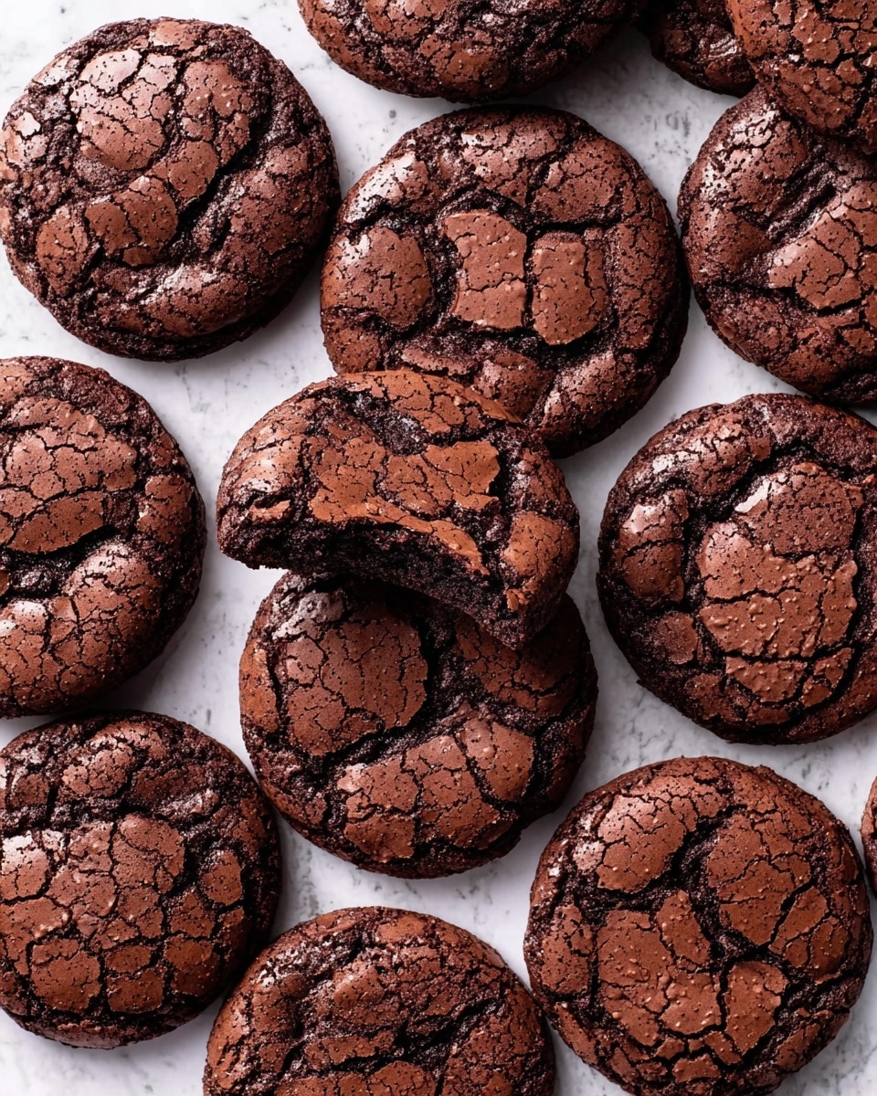 The image shows many round chocolate cookies with cracked tops laid out close together on a white marbled surface. Each cookie has a dark brown color with uneven textures and visible cracks revealing a fudgy inside. One cookie near the center has a bite taken out of it, showing a soft, moist, and slightly gooey dark chocolate interior. The cookies vary slightly in shape but all have a rough, cracked outer layer with a shiny, glossy finish in places, highlighting their rich chocolate look. Photo taken with an iphone --ar 4:5 --v 7
