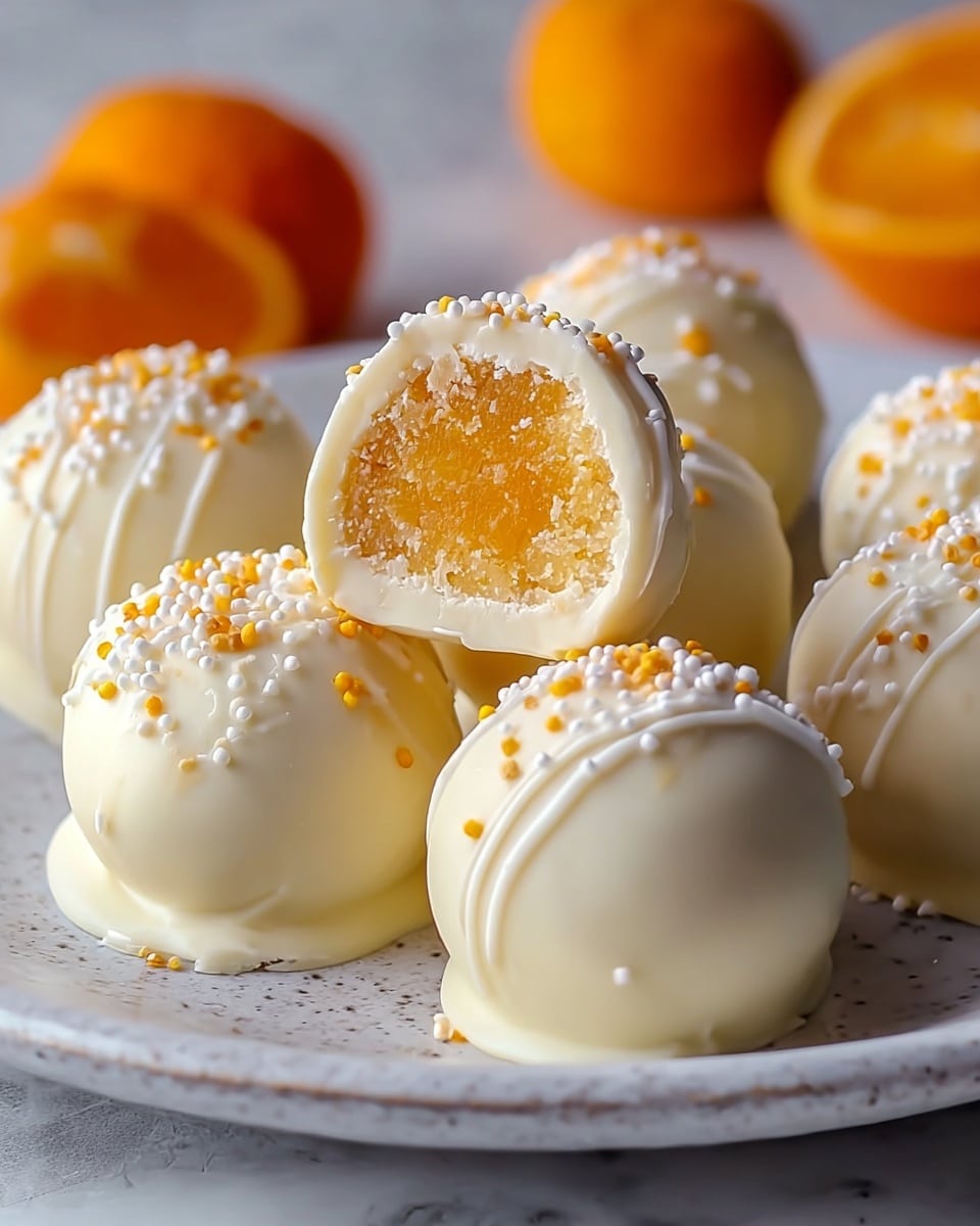 The image shows round white chocolate truffles with a smooth outer layer, decorated with small white and orange sprinkles on top. One truffle is cut open, revealing a creamy white inner layer and a bright orange filling at the center. The truffles sit on a white plate with a slightly textured surface, all placed on a white marbled background. In the background, out of focus, are some orange fruit-like shapes adding color contrast. Photo taken with an iphone --ar 4:5 --v 7