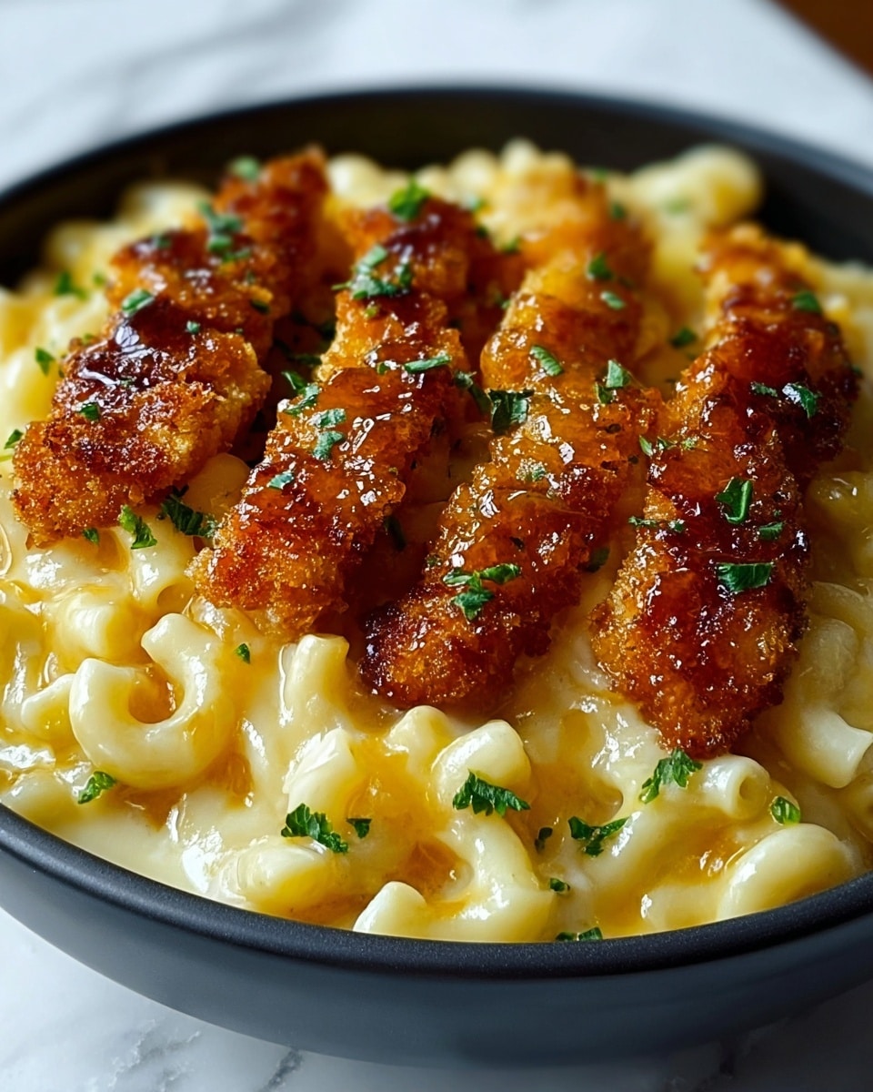 A white bowl filled with creamy macaroni and cheese forms the base layer, showing soft, pale yellow elbow pasta coated in glossy cheese sauce. On top, there are several golden brown, crispy chicken strips with a shiny glaze, arranged closely in the center. Small green herb pieces are sprinkled evenly over the chicken, adding color contrast. The photo is sharp, capturing the textures of the crispy chicken crust and smooth, melted cheese clearly, all set against a white marbled surface. photo taken with an iphone --ar 4:5 --v 7