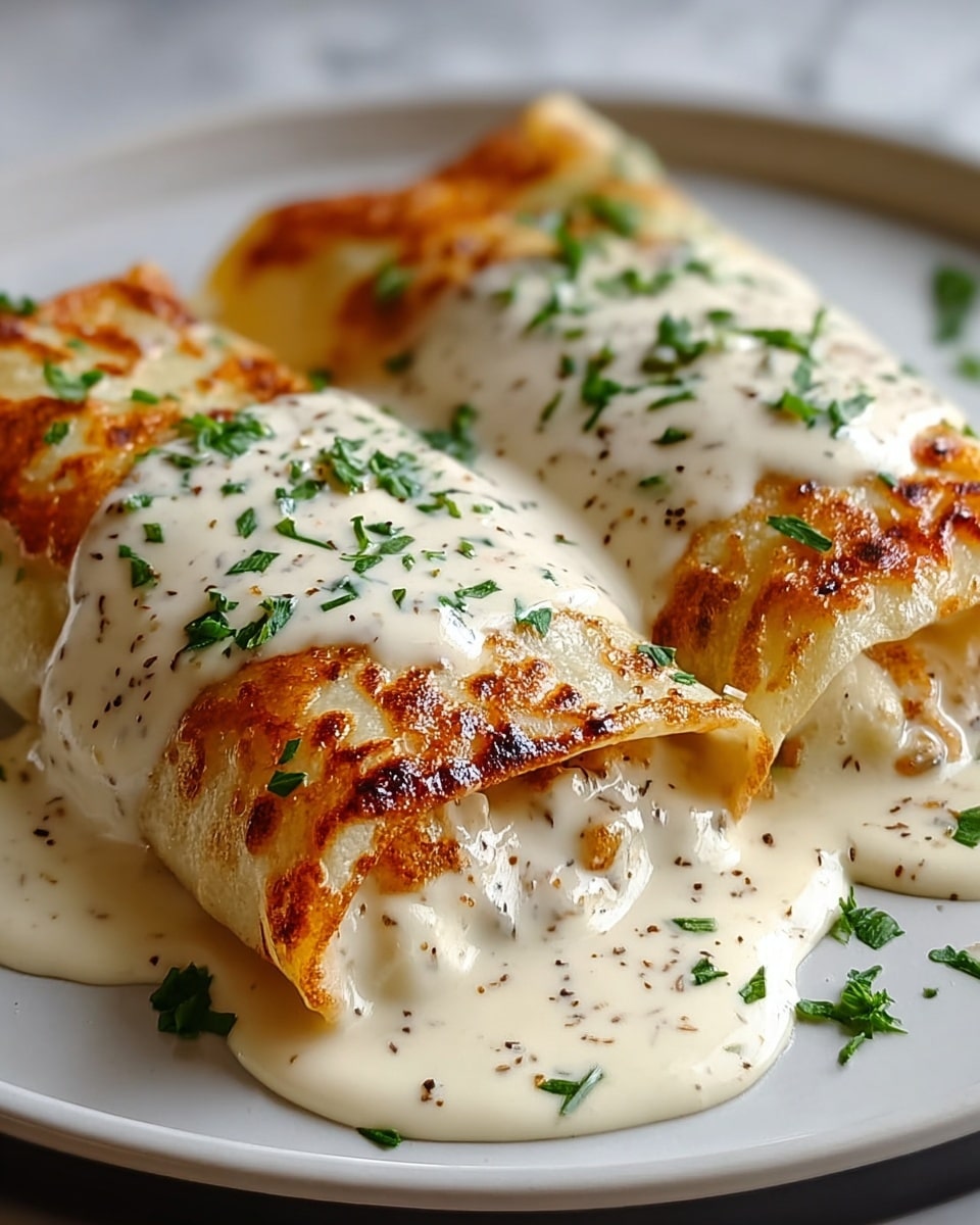 Two thick rolled crepes are on a white plate, covered with a creamy white sauce that is smooth with small black pepper bits and fresh green herbs sprinkled on top and around. The crepes have a golden-brown, lightly charred layer, showing a crispy texture on the surface, while the inside looks soft and filled with more creamy white sauce. The sauce pools slightly on the white plate, making a rich and inviting look. The background shows a white marbled texture. photo taken with an iphone --ar 4:5 --v 7