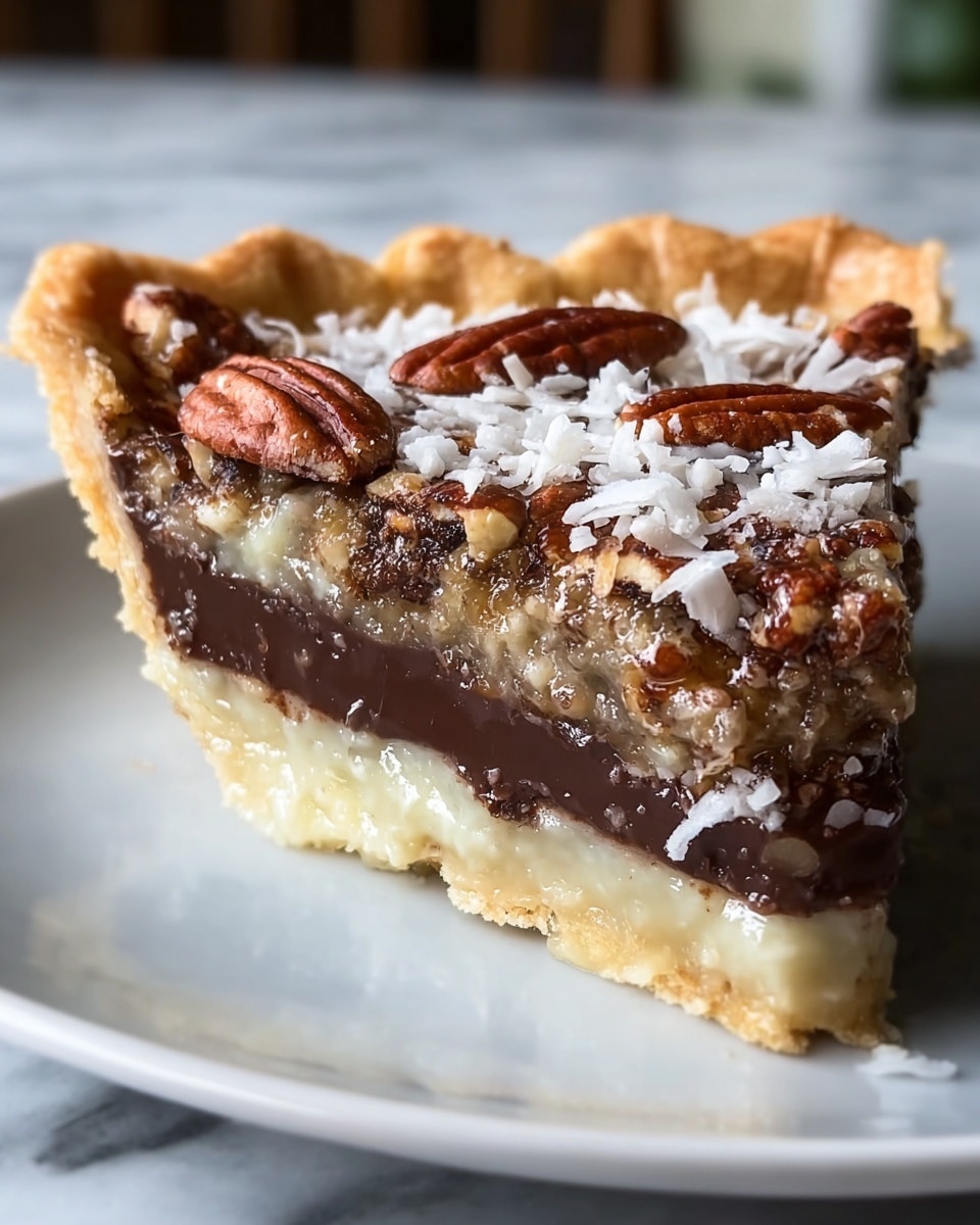 A close-up of a slice of pie on a white plate showing four visible layers: at the bottom, a dark, smooth chocolate filling; above it, a thicker, lighter, creamy layer; next, a golden-brown nutty layer with small pecan pieces mixed in; on top, whole pecans and white coconut flakes are scattered over the surface. The pie crust is golden with a crimped edge holding all the layers together. The background has a white marbled texture. photo taken with an iphone --ar 4:5 --v 7
