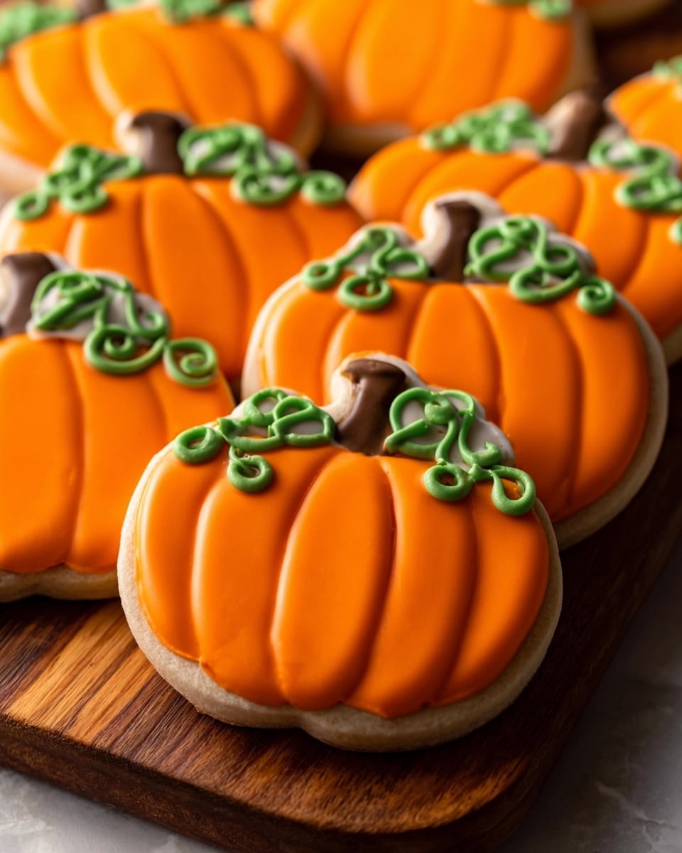 The image shows a close-up of several pumpkin-shaped cookies on a wooden board. Each cookie has two layers: the base layer is smooth and shiny orange icing covering the entire cookie, and the top layer is green icing shaped like pumpkin stems and curly vines, adding texture and detail. The cookies are neatly arranged, with the white marbled surface barely visible at the bottom edges of the photo. The lighting highlights the smooth texture of the icing and the intricate green designs on top. Photo taken with an iphone --ar 4:5 --v 7