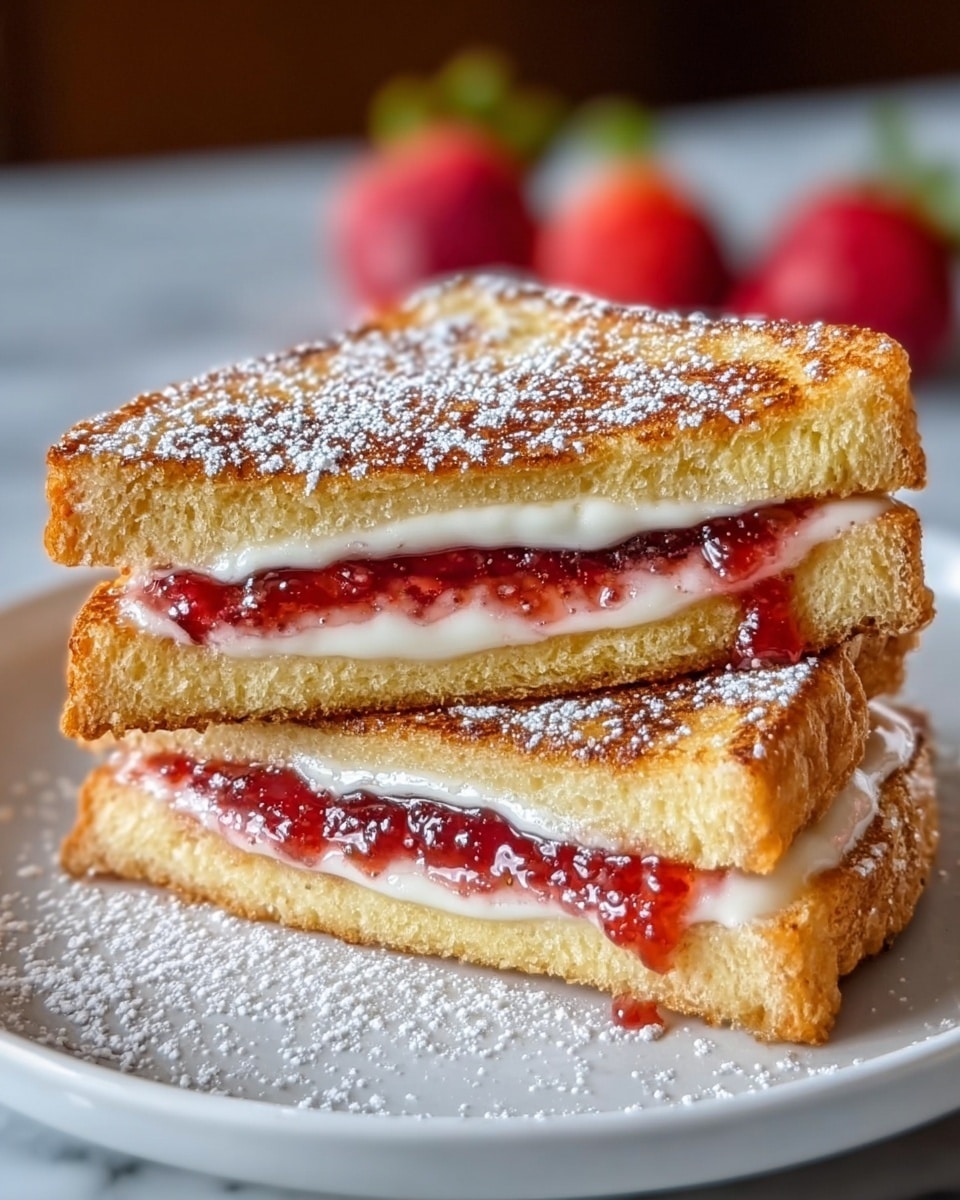 This image shows two toasted sandwich halves stacked on a white plate with powdered sugar sprinkled over them. Each sandwich half has three layers: the top and bottom are golden-brown toasted bread, the middle layer is split into two parts — a thick white creamy layer and a shiny red strawberry jam layer on top of it. The sandwich edges are crisp and the powdered sugar gives a light dust. There are out-of-focus red strawberries in the background, and the scene is set on a white marbled surface. photo taken with an iphone --ar 4:5 --v 7