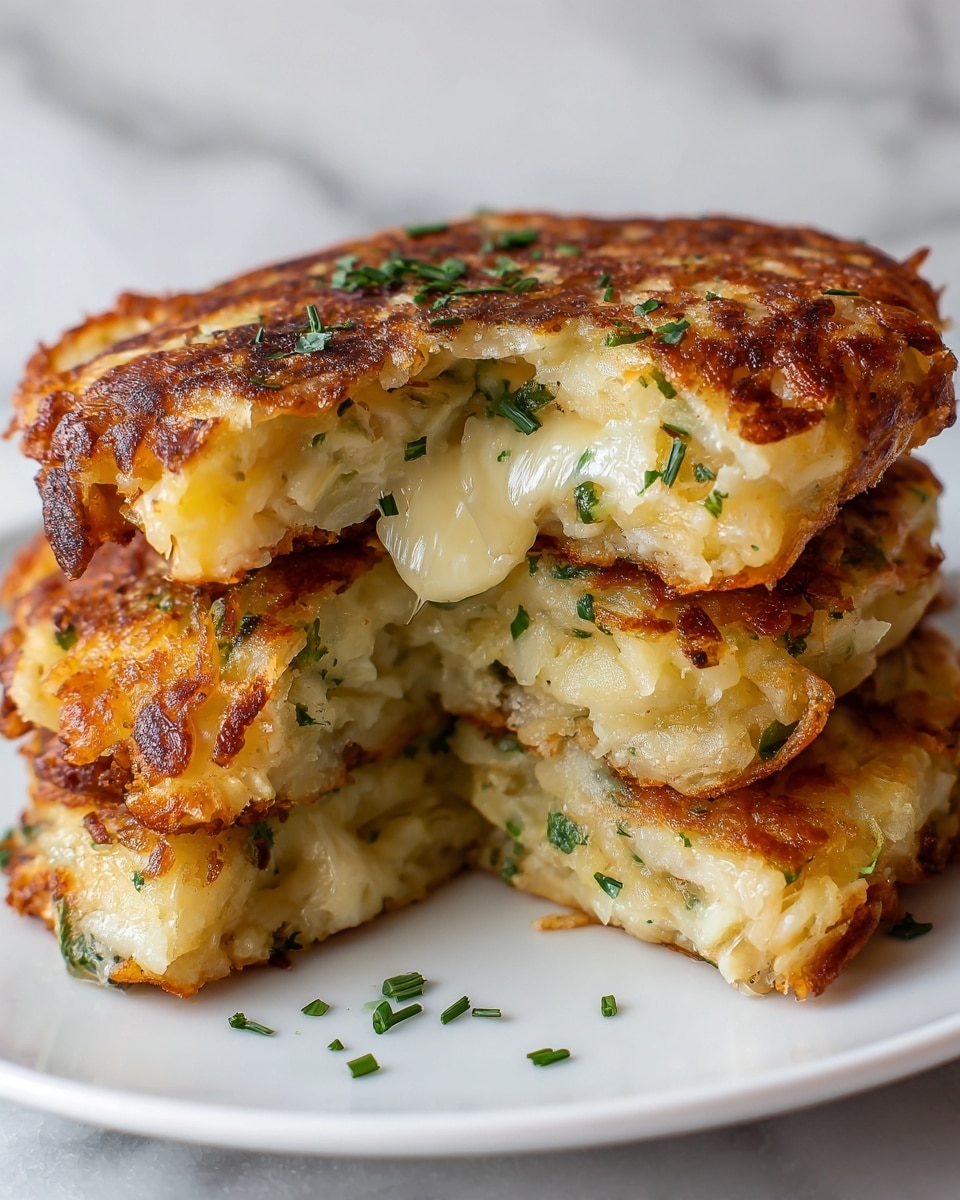 A close-up of a stack of three golden brown potato pancakes on a white plate, each pancake showing a crispy, textured surface with small green herb pieces scattered on top and inside. The top pancake is broken open, revealing a soft, stretchy melted cheese inside with bits of green herbs mixed in. The edges of the pancakes are slightly uneven, showing the layered texture of grated potatoes. The background is a white marbled texture. photo taken with an iphone --ar 4:5 --v 7