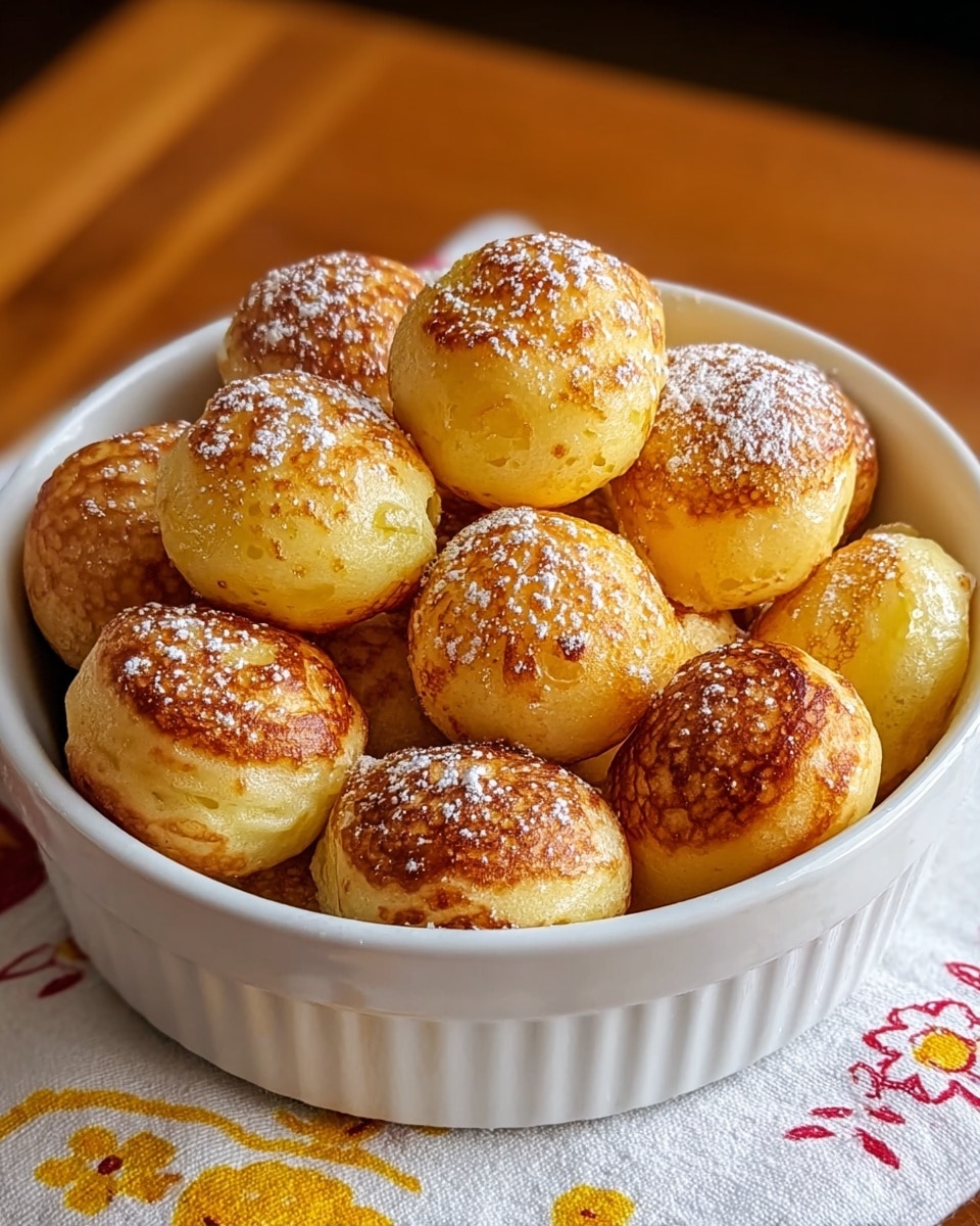 A white round dish filled with about a dozen small, golden-brown pancake balls, each slightly puffed and with a lightly crispy texture on top. The pancake balls have a soft, smooth surface with a warm yellow color showing through underneath the crispy edges. A light dusting of powdered sugar is sprinkled unevenly over the top layer, adding a white contrast to the golden color. The dish is placed on a wooden table with part of a white cloth decorated with yellow and red floral patterns visible to the side. Photo taken with an iphone --ar 4:5 --v 7