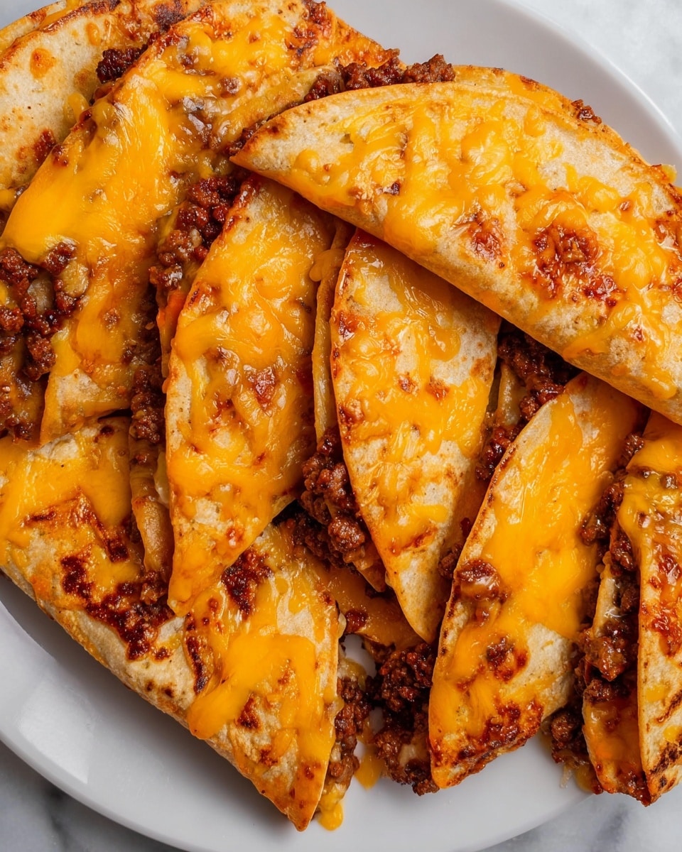 The image shows several folded tacos filled with cooked ground beef that is dark brown and slightly crispy at the edges, topped with melted orange cheddar cheese that covers most of the taco surface, creating a glossy texture. The tacos are made with soft, light brown tortillas that have a slight crisp on the edges. They are arranged closely on a white plate sitting on a white marbled surface. The meat and cheese layers are clearly visible through the uneven texture of the melted cheese. Photo taken with an iphone --ar 4:5 --v 7