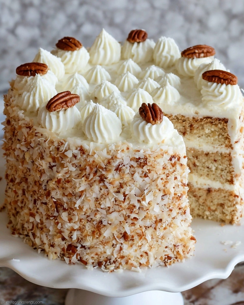 A two-layer round cake on a white plate with scalloped edges, covered in white frosting mixed with toasted coconut flakes on the sides and top. Each layer inside is light tan with visible small bits of nuts. On top, there are evenly spaced white frosting dollops, each placed on top of a pecan half. The bottom edge of the cake has vertical white frosting swirls. The background is a white marbled texture. Photo taken with an iphone --ar 4:5 --v 7