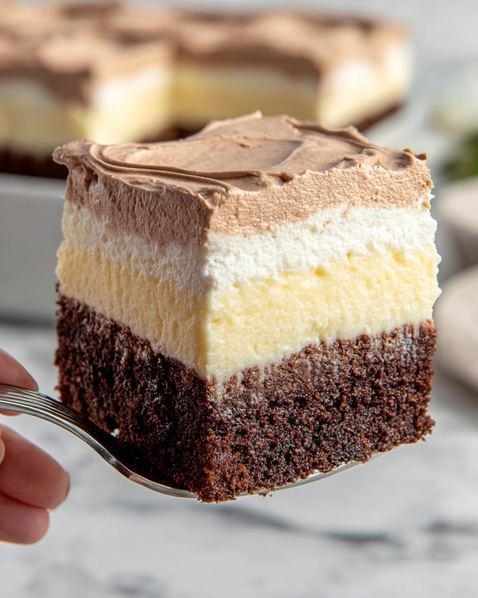 A close-up of a square piece of layered dessert held by a woman's hand with a fork. The bottom layer is a dark brown cake with a slightly crumbly texture, above it is a thick, creamy light yellow cheesecake layer with a smooth consistency. The next layer is another dark brown cake, similar in texture to the bottom one. The top layer is a thick, light brown whipped topping with a smooth, airy texture and soft peaks. The dessert is placed on a white marbled surface with a blurred background showing a large dish of the same dessert. photo taken with an iphone --ar 4:5 --v 7