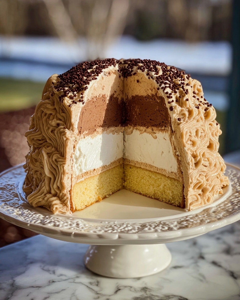 A dome-shaped cake is sliced open to show four layers: the bottom and outer layer is a light yellow sponge cake, inside this is a thick creamy layer of light brown mousse on one side and white mousse on the other side, all covered by a thick, textured layer of light tan frosting with small dark chocolate sprinkles scattered on top. The cake sits on an ornate white cake stand with a detailed pattern, placed on a white marbled surface with a blurred outdoor background. Photo taken with an iphone --ar 4:5 --v 7