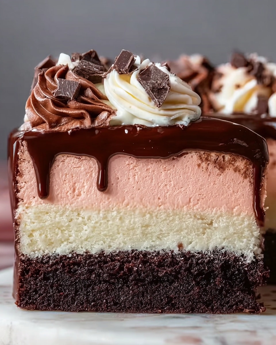 A close-up of a three-layer cake slice on a white marbled surface, showing a bottom layer of moist dark chocolate cake, a middle layer of light creamy white cake, and a top layer of soft pink mousse. The cake is covered with thick, glossy dark chocolate ganache that drips slightly down the sides. On top, there are swirls of white and dark chocolate cream frosting, decorated with small chunks of dark chocolate pieces. The overall look is rich, smooth, and moist. photo taken with an iphone --ar 4:5 --v 7