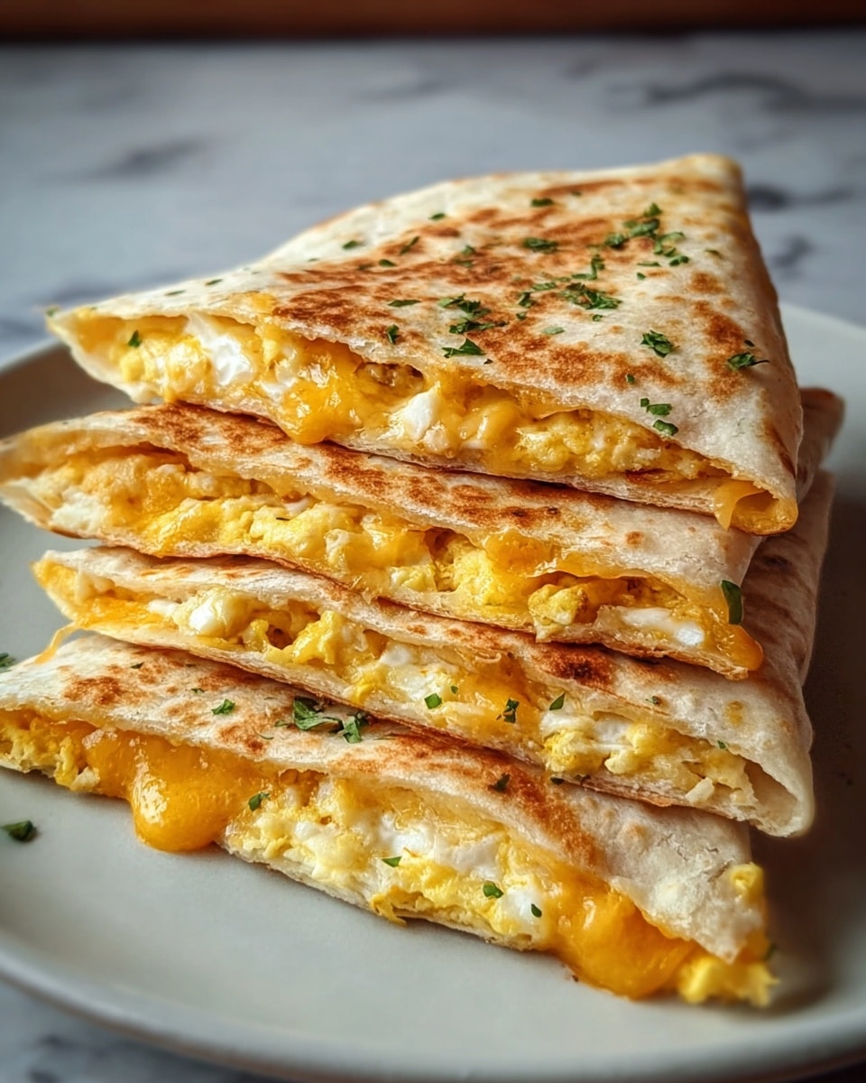 The image shows a stack of three folded quesadilla slices on a white plate. Each slice has a golden brown, slightly crispy tortilla exterior with specks of green herbs on top. Inside each slice, there are two layers: the upper layer is a fluffy, white scrambled egg, and the lower layer is a melted, gooey yellow cheddar cheese that oozes slightly from the edges. The quesadillas are neatly stacked, displaying the warm filling between the tortillas against a white marbled textured background. Photo taken with an iphone --ar 4:5 --v 7