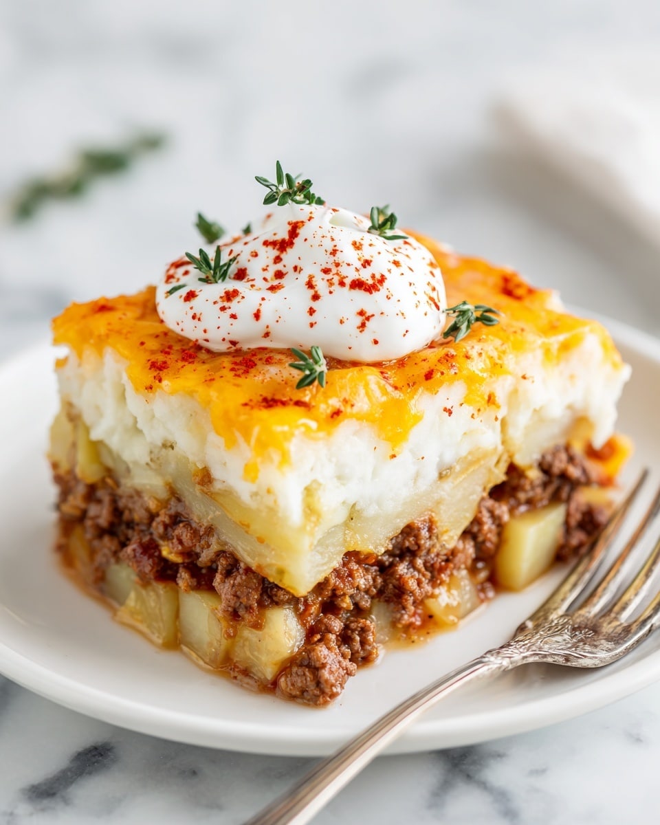 A close-up of a stacked dish on a white plate showing three main layers: the bottom layer is light golden browned diced potatoes, the middle layer has crumbled browned ground meat mixed with white creamy mashed potatoes, and the top layer is golden melted cheddar cheese mixed with more browned diced potatoes. On top, there is a dollop of white sour cream sprinkled with red paprika and small green thyme leaves. A silver fork rests on the edge of the plate against a white marbled surface in the background. photo taken with an iphone --ar 4:5 --v 7