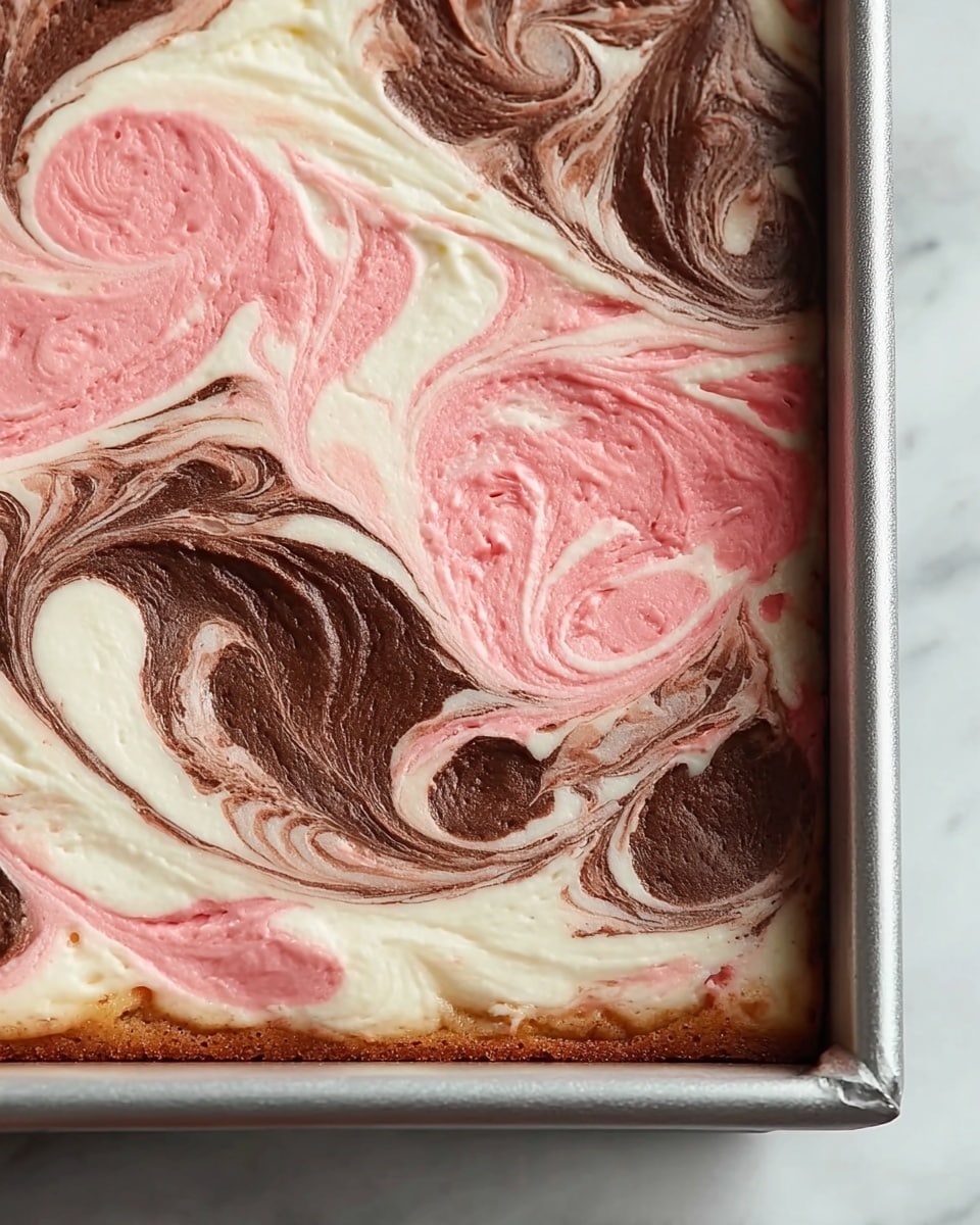 A close-up of a rectangular dessert in a metal baking pan with a visible bottom layer of light brown cake, topped with three swirled creams in large patches across the surface. The cream layers are white, dark brown with white marbling, and pink with white marbling, all mixed together in a smooth, soft texture that forms round swirls and curves. The background shows a white marbled texture under the pan. photo taken with an iphone --ar 4:5 --v 7