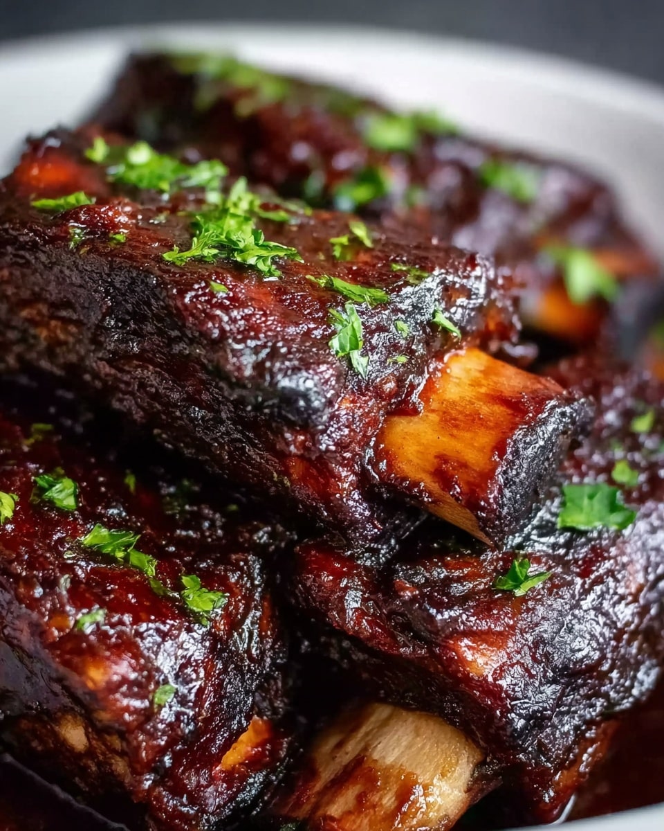 The image shows several thick, dark brown glazed ribs stacked close together on a white marbled surface. Each rib is covered with a shiny, sticky sauce that looks rich and caramelized, with areas of charred texture. Small pieces of green herbs are scattered on top for color contrast. The ribs have visible bones with a pale color sticking out at the bottom, and the meat looks tender and juicy with a glossy finish. photo taken with an iphone --ar 4:5 --v 7