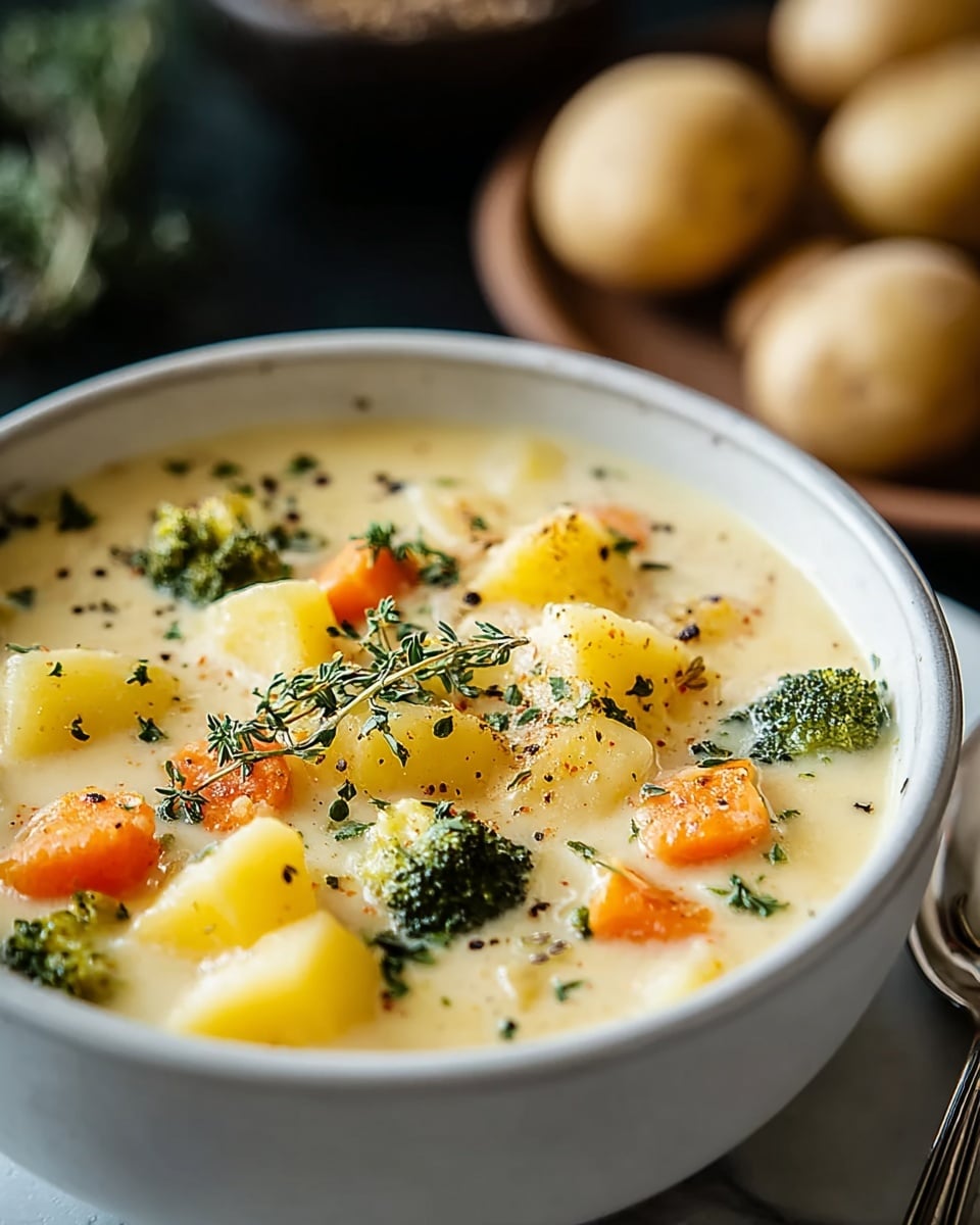 A white bowl filled with creamy yellow potato soup showing several soft potato chunks in the thick soup layer, topped with finely chopped green herbs and cracked black pepper scattered on the surface, with a soft light reflecting on the smooth soup; the bowl rests on a cloth with a white marbled background, and in the blurred background, there is a white plate holding sliced bread pieces. photo taken with an iphone --ar 4:5 --v 7