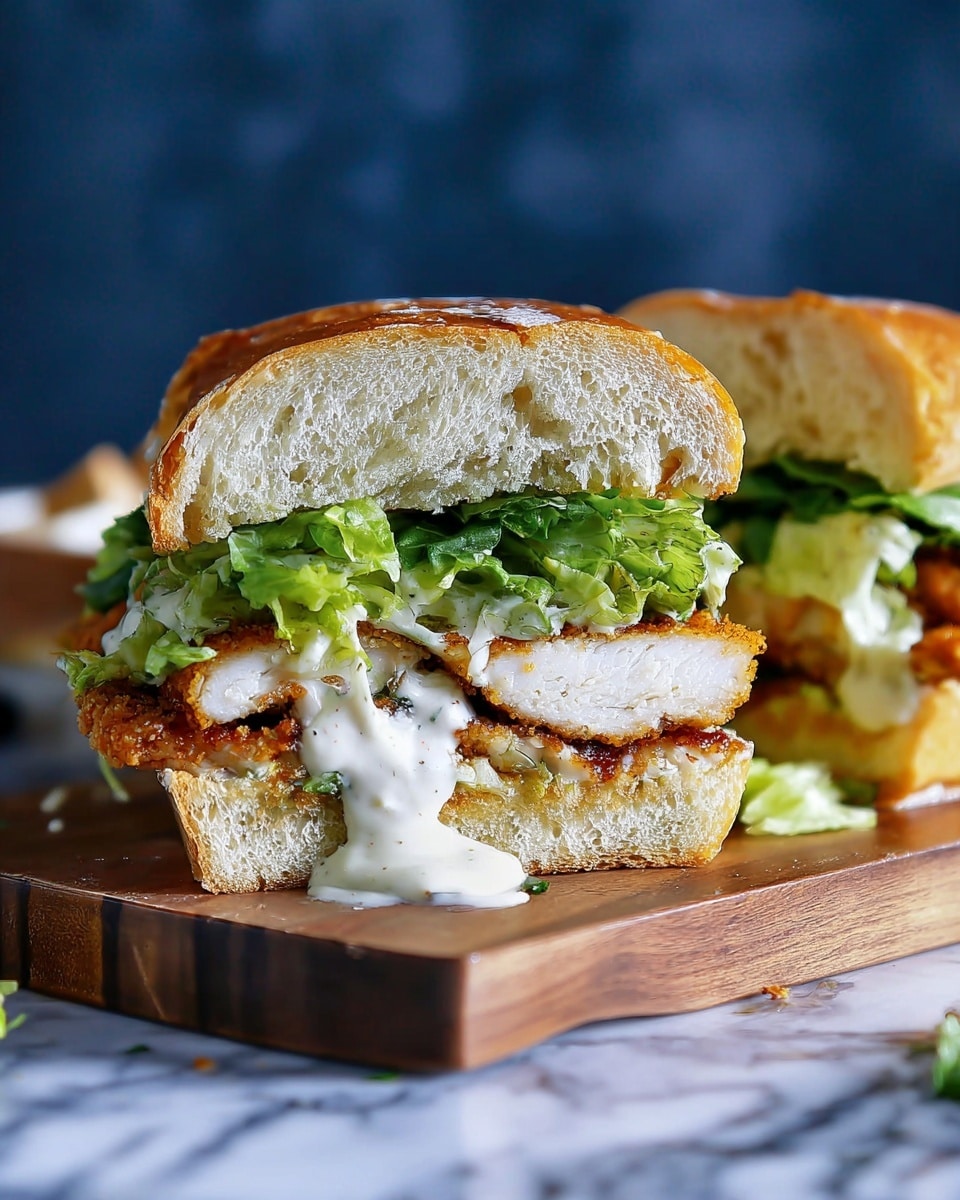 The image shows a sandwich cut in half on a wooden cutting board placed on a white marbled surface. The sandwich has four main layers: the top layer is a thick, crusty, and slightly golden bread, followed by bright green leafy lettuce. Below the lettuce is a golden-brown crispy fried chicken breast, and the bottom is another thick piece of soft, white bread. A creamy, white sauce drips from the chicken, adding a rich texture to the sandwich. The background is blurred with a dark blue color. Photo taken with an iphone --ar 4:5 --v 7